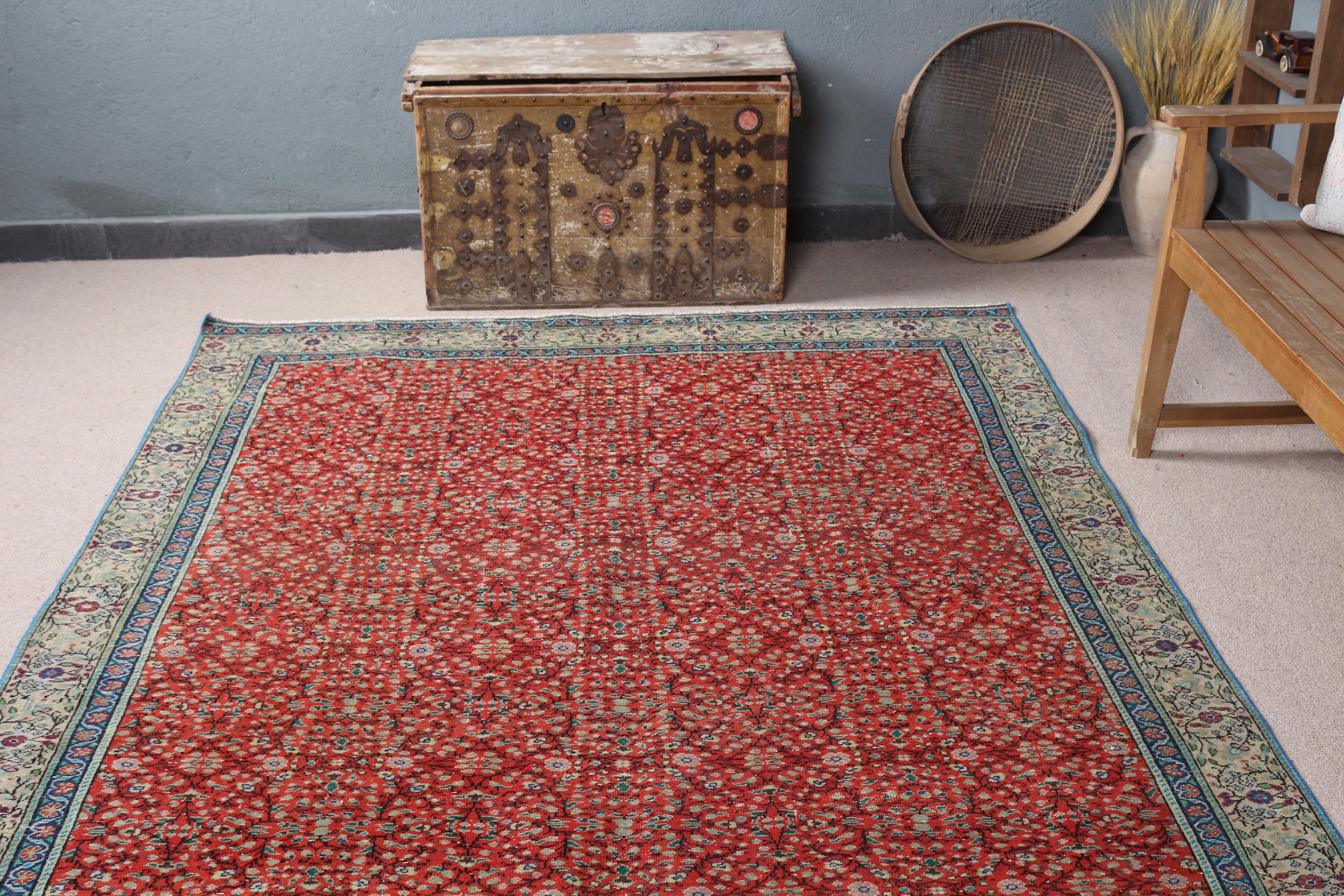 Eski Halı, Ev Dekor Halısı, Yatak Odası Halısı, Salon Halısı, Oturma Odası Halısı, Vintage Halı, 6x9.5 ft Büyük Halı, Türk Halıları, Sessiz Halı, Kırmızı Mutfak Halısı