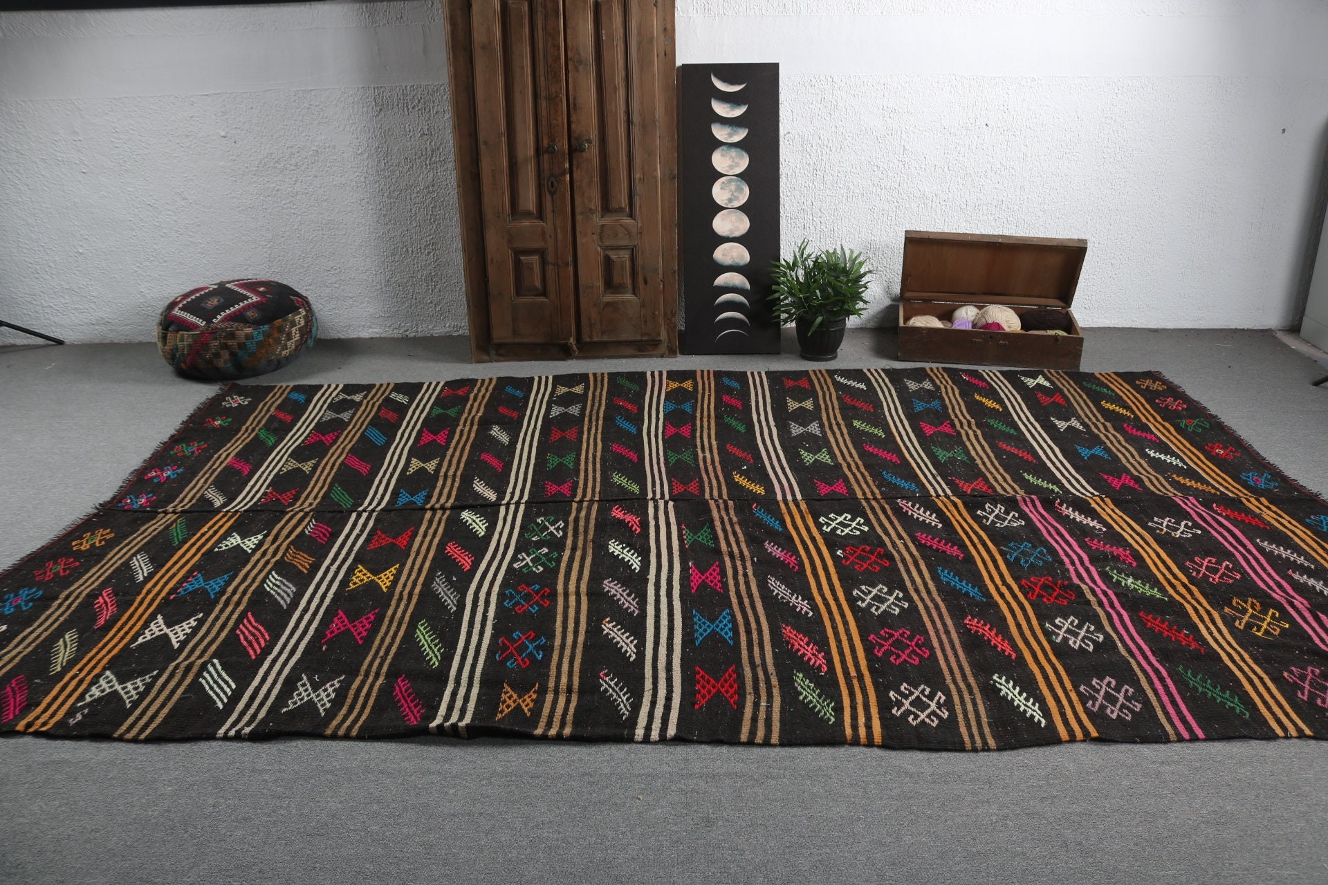 7.3x12.2 ft Büyük Boy Halı, Vintage Halılar, Kilim, Açıklama Halısı, Dış Mekan Halısı, Türk Halıları, Salon Halıları, Siyah Geometrik Halılar, Antika Halılar