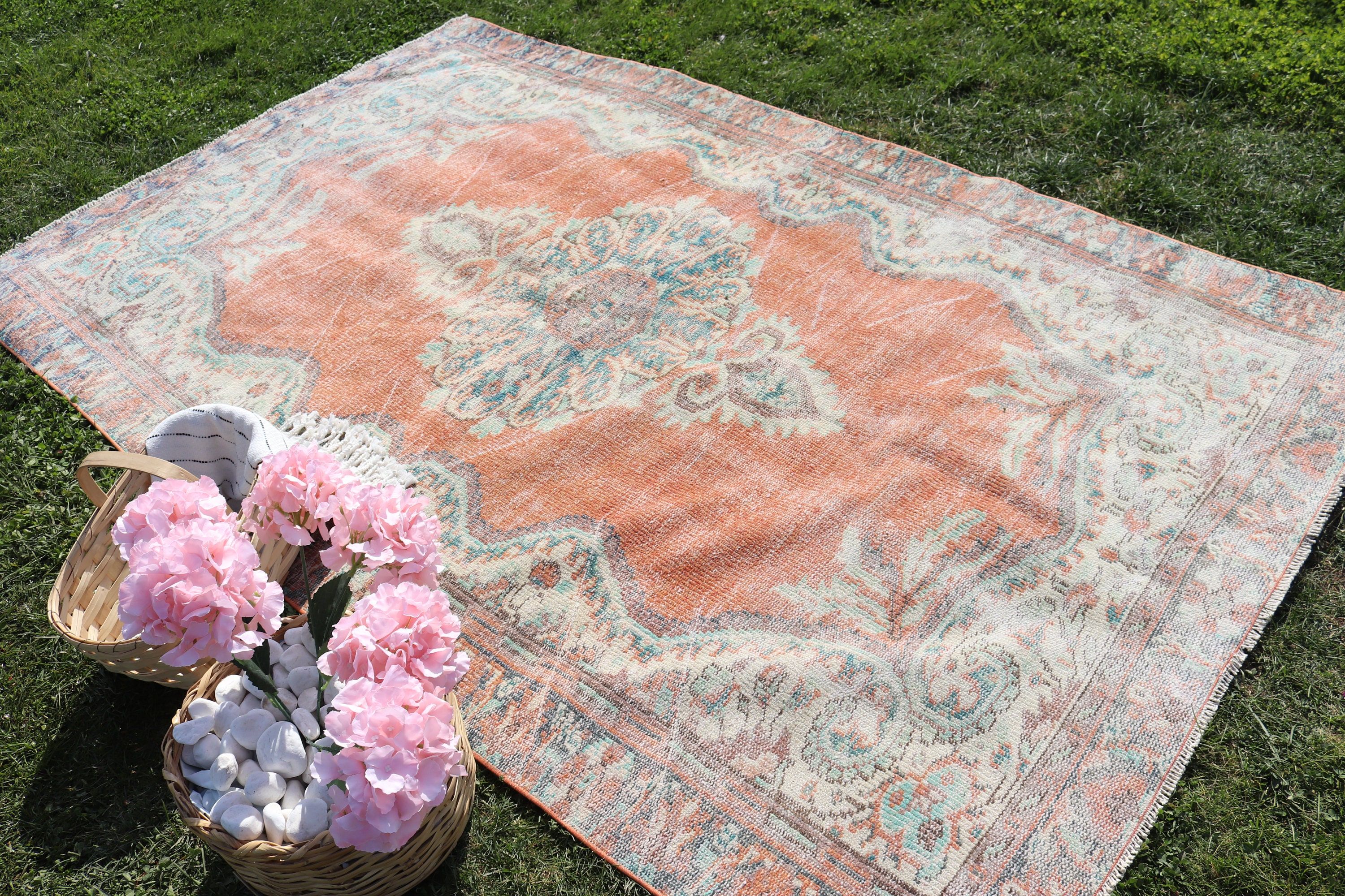 Yemek Odası Halıları, Ev Dekorasyonu Halısı, Anadolu Halısı, Türk Halıları, 5,3x8,2 ft Büyük Halılar, Turuncu Geometrik Halı, Vintage Halı, Büyük Boho Halıları