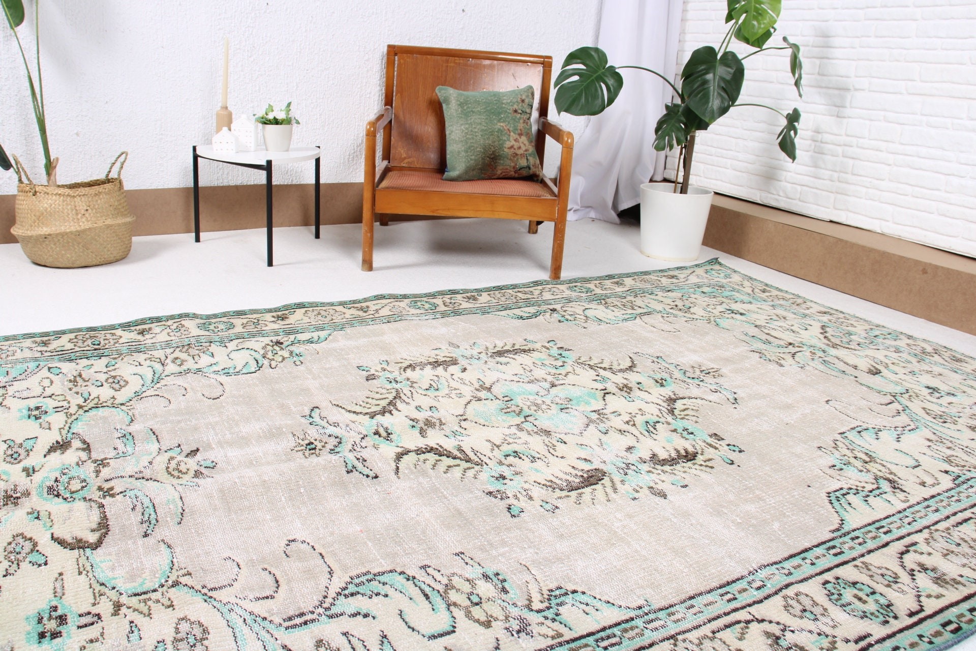 El Dokuma Halı, 5.5x8.8 ft Büyük Halılar, Yeşil Zemin Halısı, Büyük Boho Halıları, Yemek Odası Halıları, Vintage Halı, Boho Halıları, Türk Halısı, Nötr Halılar