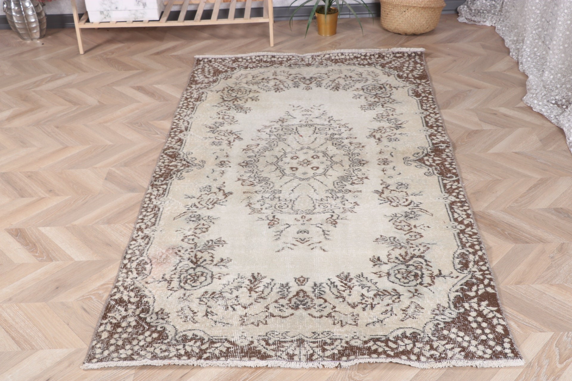 Bej 3,7x6,8 ft Alan Halıları, Oturma Odası Halısı, Nötr Halı, Yer Halıları, Fas Halısı, Boho Halısı, Türk Halıları, Vintage Halı