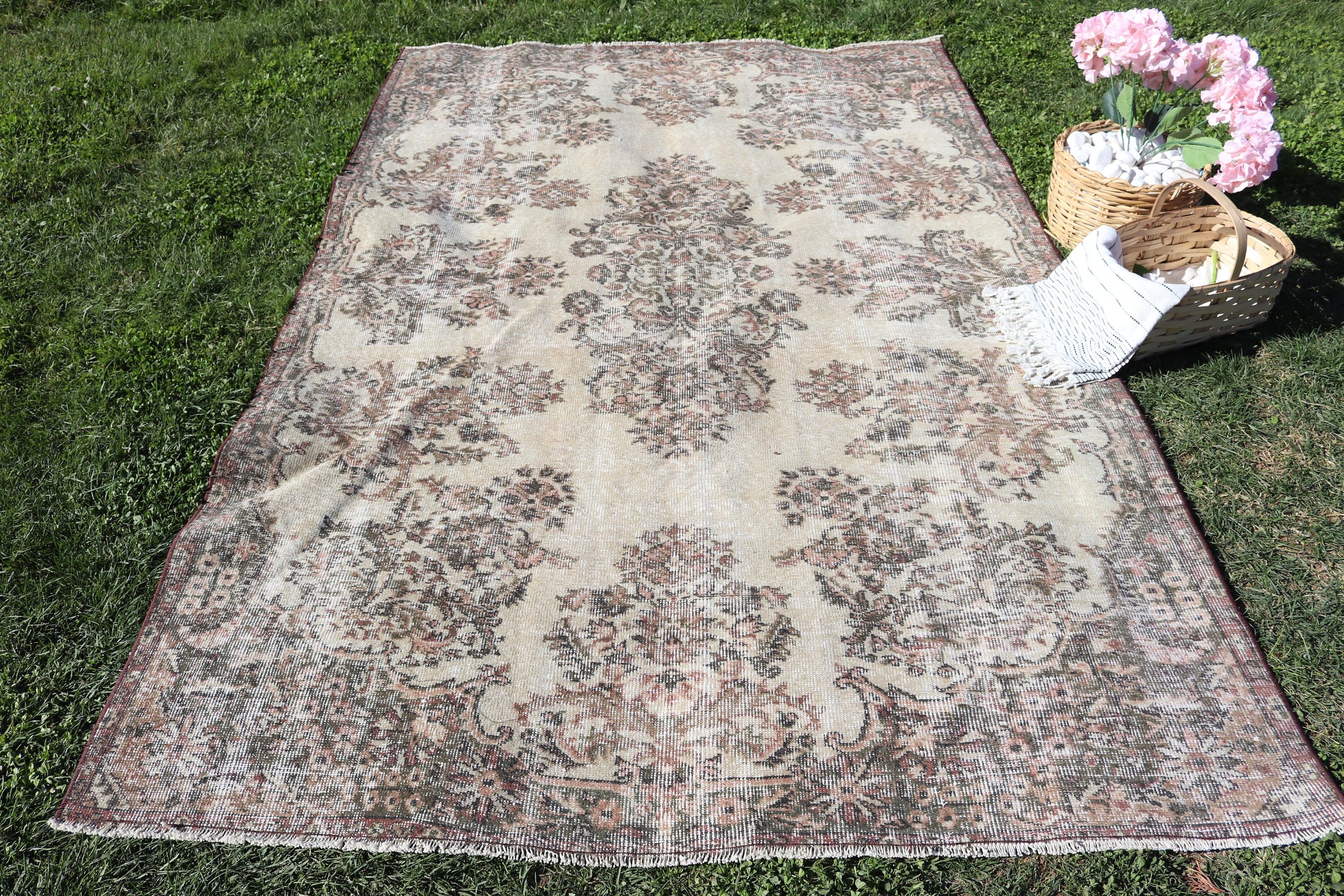 Mutfak Halıları, Türk Halısı, Bej Yün Halılar, Etnik Halılar, Vintage Halılar, Yatak Odası Halısı, 5.5x8.7 ft Büyük Halı, Büyük Oushak Halıları