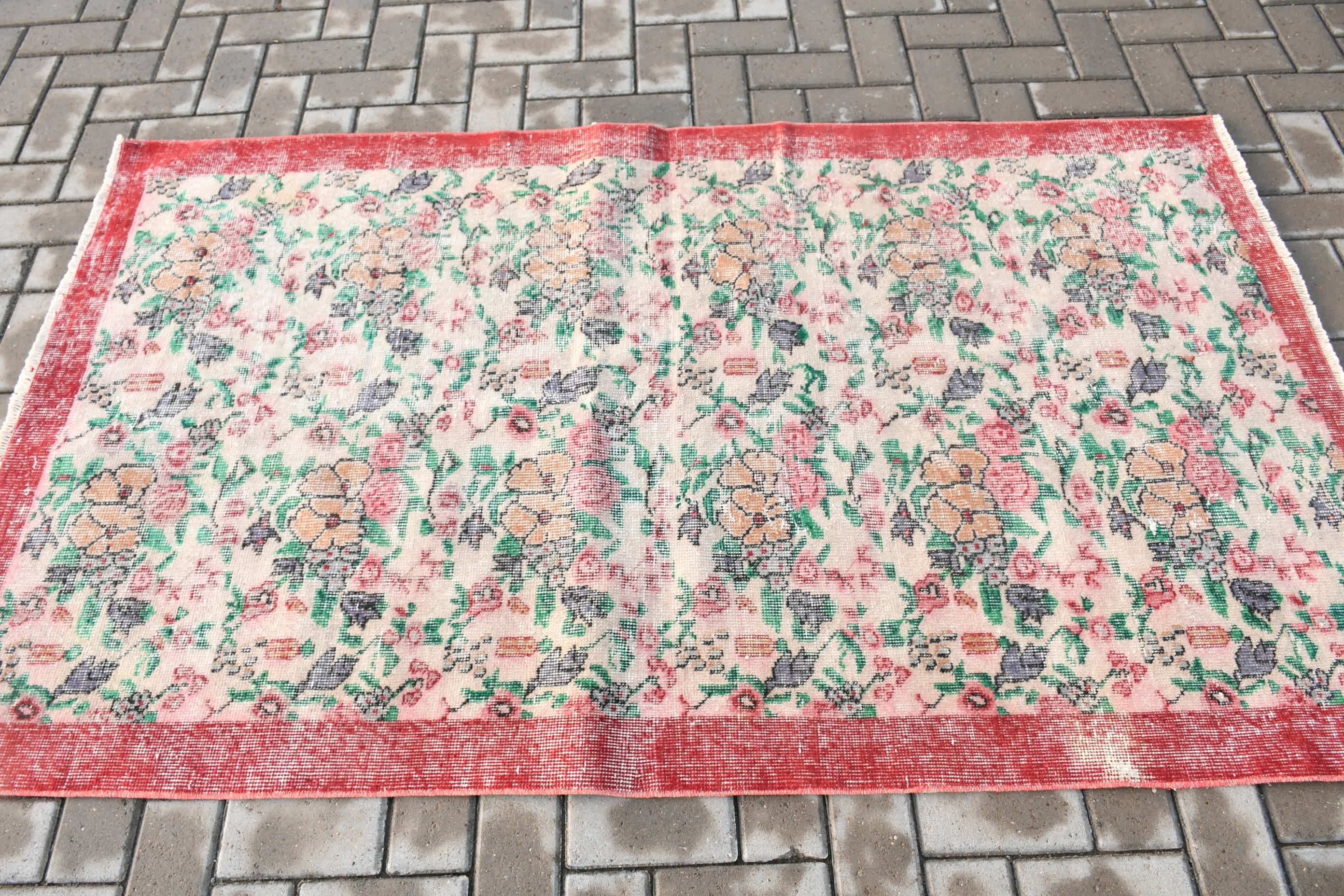 Vintage Rug, Kitchen Rug, Oriental Rug, Turkish Rug, Entry Rug, Red Moroccan Rugs, Rugs for Kitchen, 3.7x6.4 ft Accent Rug