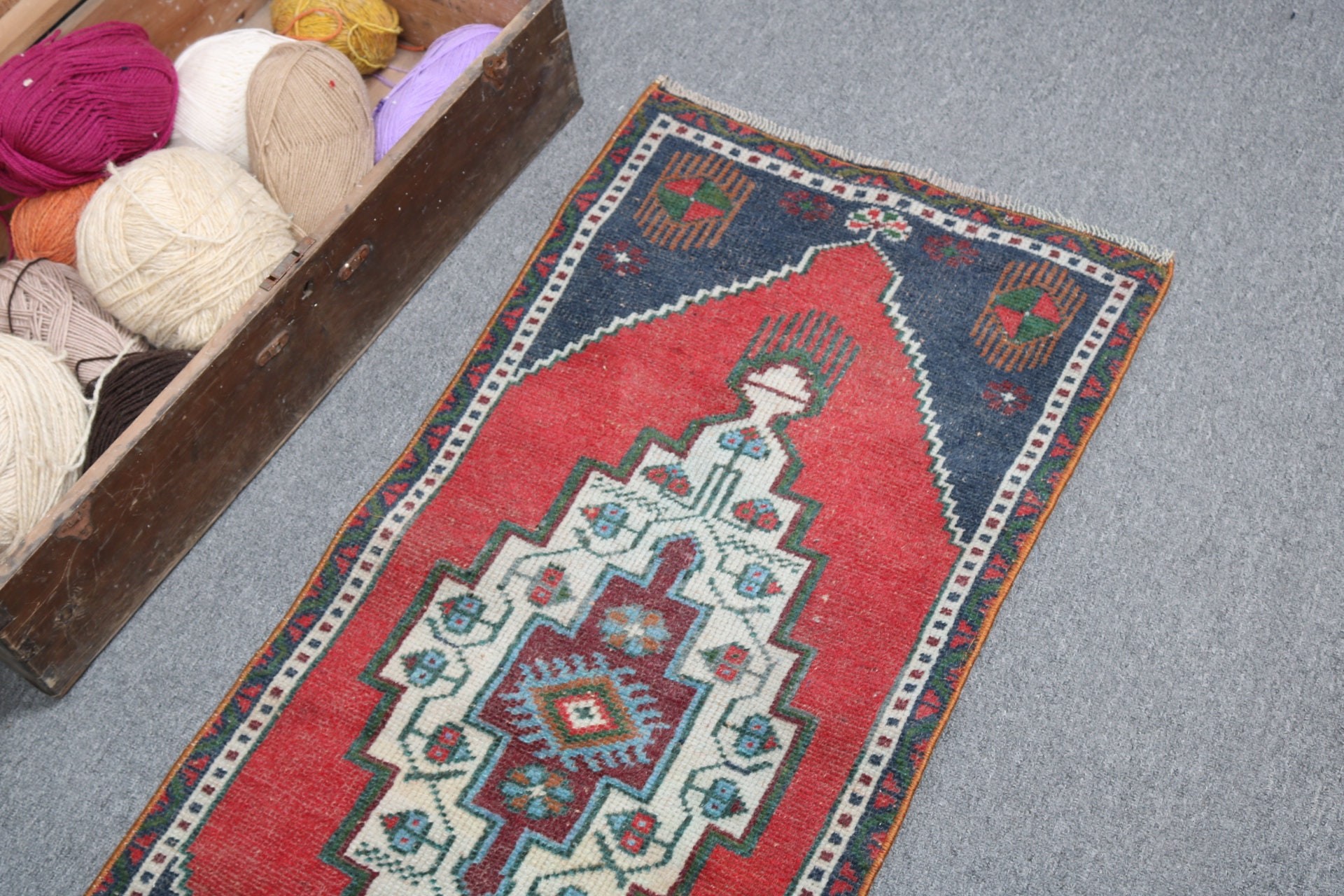 1.6x3.8 ft Small Rugs, Vintage Rug, Antique Rug, Turkish Rug, Kitchen Rug, Geometric Rug, Bathroom Rug, Red Handwoven Rugs, Boho Rug