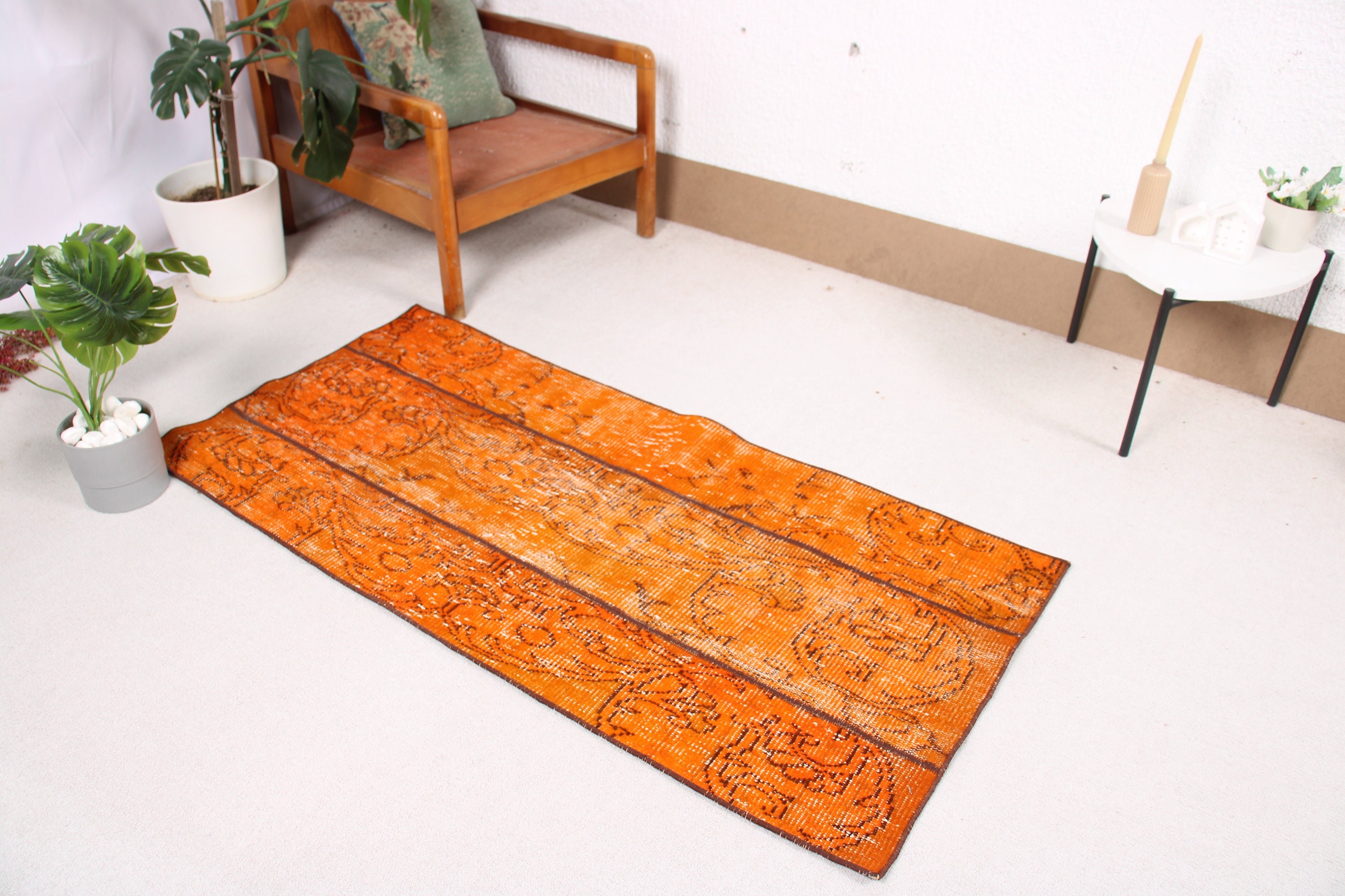 Nötr Halı, 2,4x5,1 ft Küçük Halı, Çocuk Odası Halıları, Paspas Halısı, Türk Halıları, Yatak Odası Halısı, Havalı Halılar, Vintage Halılar, Turuncu Modern Halı