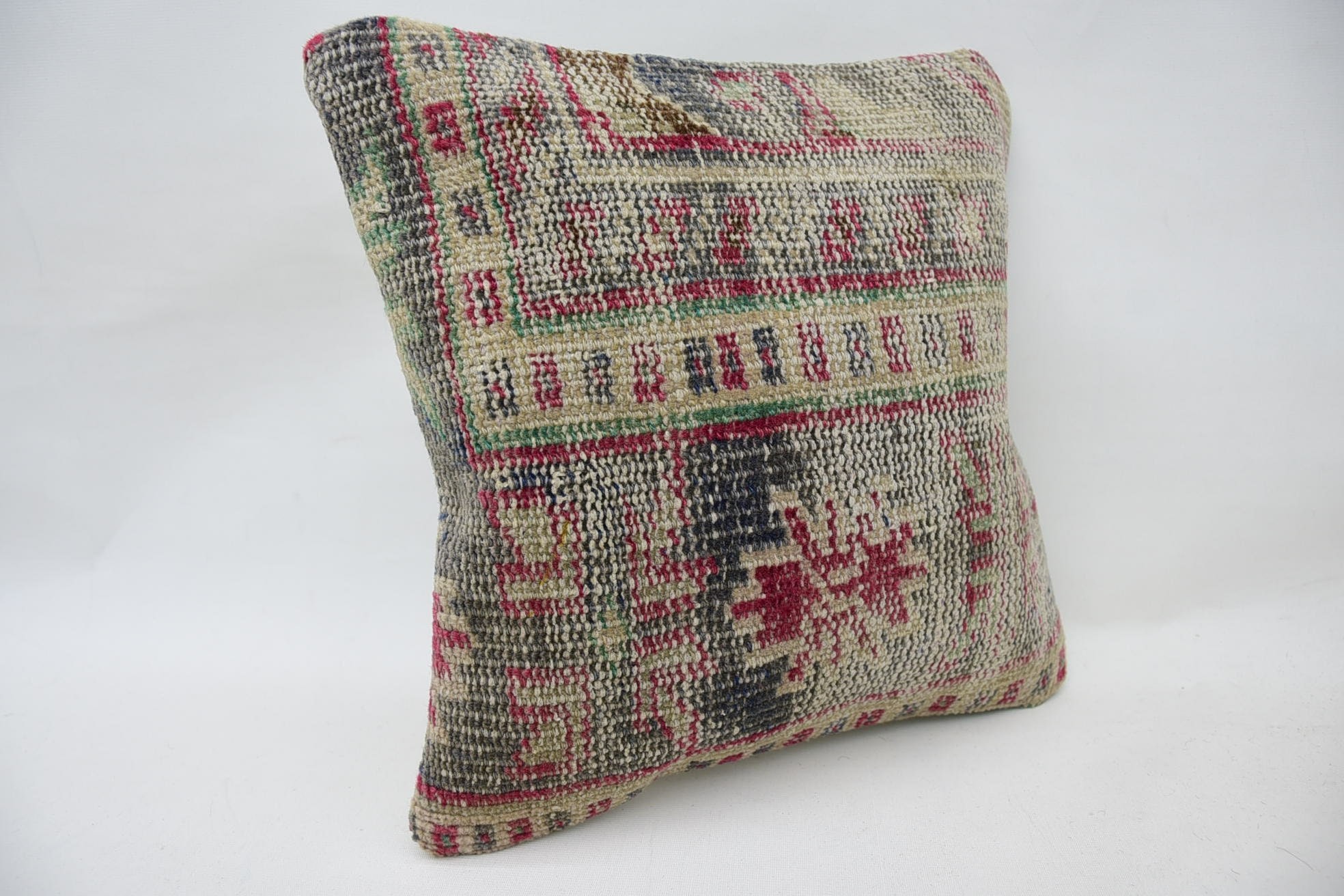 Kilim Cushion Sham, Knitted Pillow Sham, 14"x14" Beige Cushion, Handmade Kilim Cushion, Yoga Cushion Case, Vintage Pillow