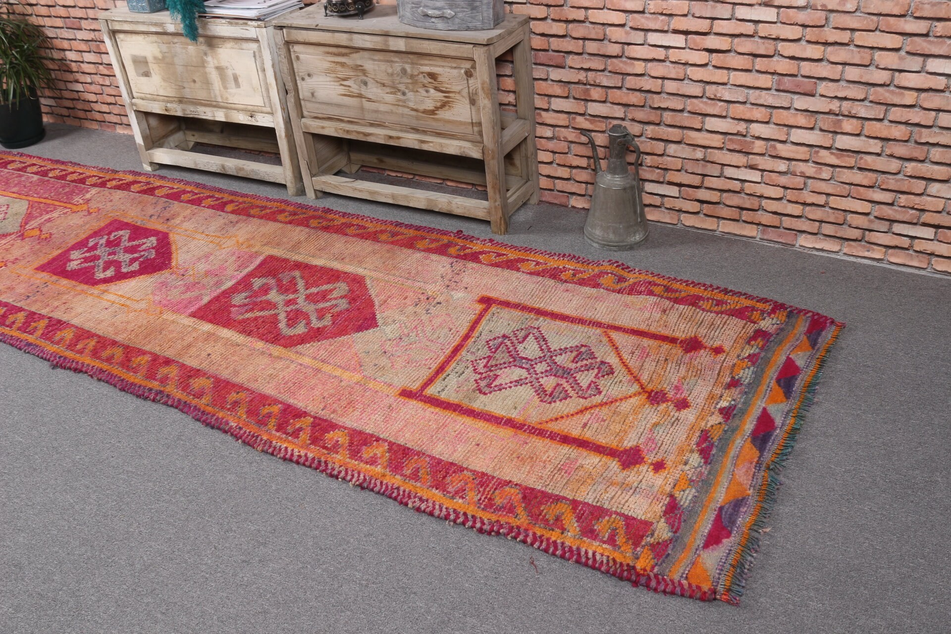 Kahverengi Yün Halı, 3.4x12.2 ft Yolluk Halısı, Türk Halısı, Yün Halısı, Vintage Halılar, Oryantal Halılar, Merdiven Halısı, Merdiven Halıları, Bohem Halıları