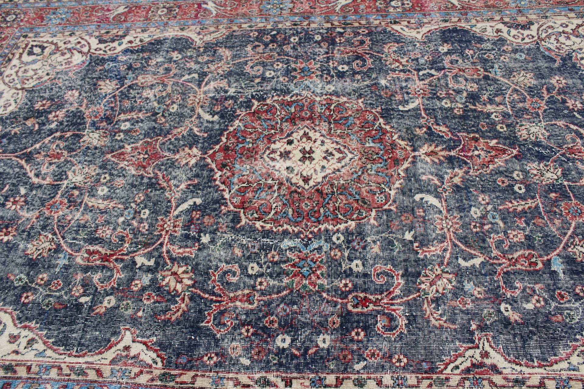 Sessiz Halılar, Mavi Fas Halısı, 7.2x10.9 ft Büyük Boy Halılar, Anadolu Halısı, Türk Halısı, Oturma Odası Halısı, Vintage Halı, Salon Halısı, Mutfak Halısı