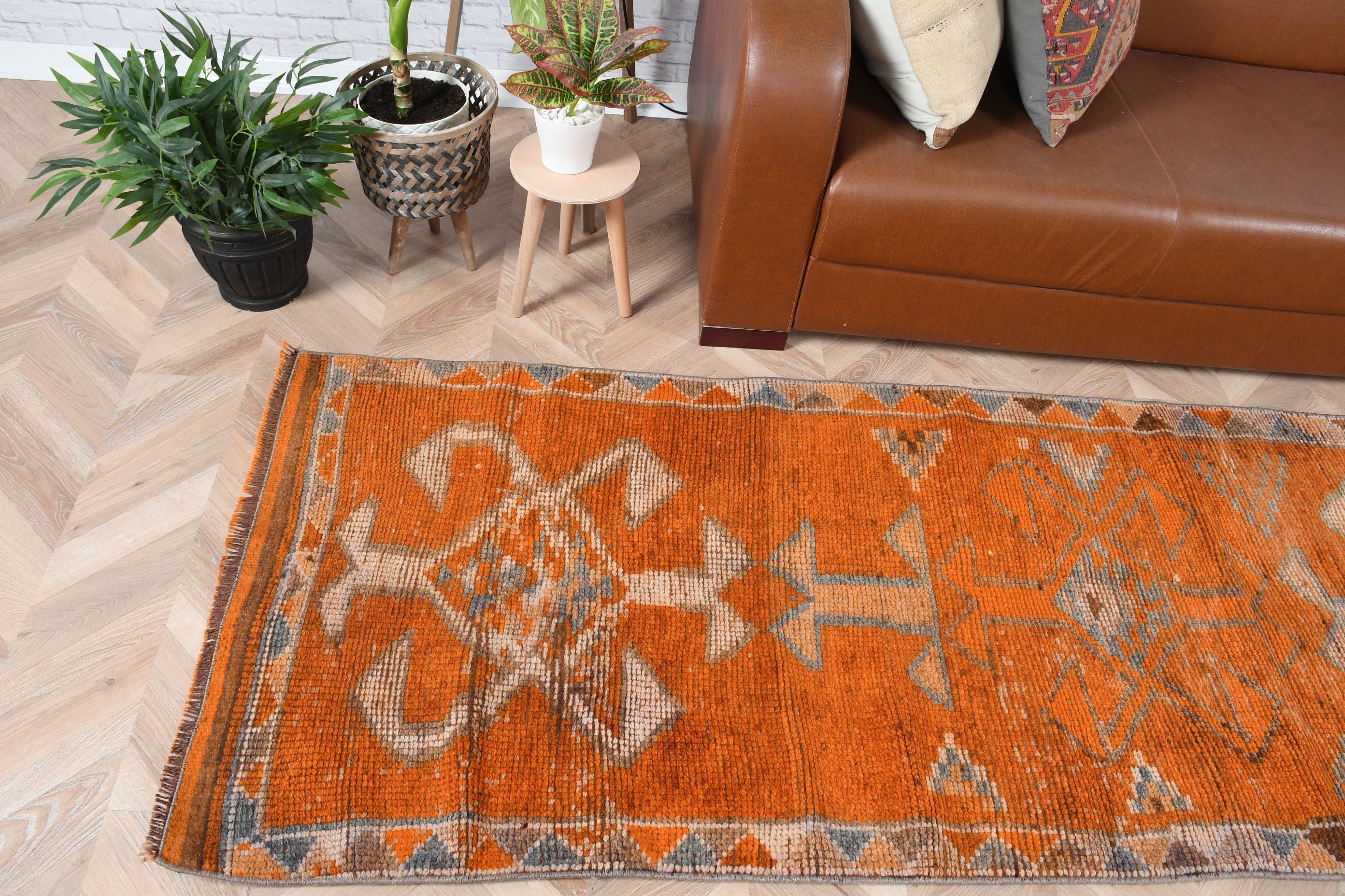 2.8x9.8 ft Runner Rugs, Kitchen Rug, Orange Wool Rug, Turkish Rug, Vintage Rug, Corridor Rugs, Old Rugs, Rugs for Corridor, Home Decor Rugs