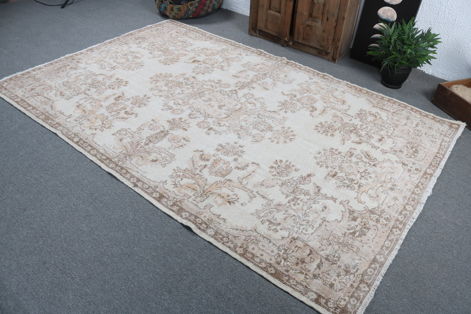 Açıklama Halıları, 5.7x8.8 ft Büyük Halılar, Vintage Halı, Türk Halısı, Bej Yün Halı, Salon Halısı, Aztek Halıları, Geometrik Halı, Yemek Odası Halıları