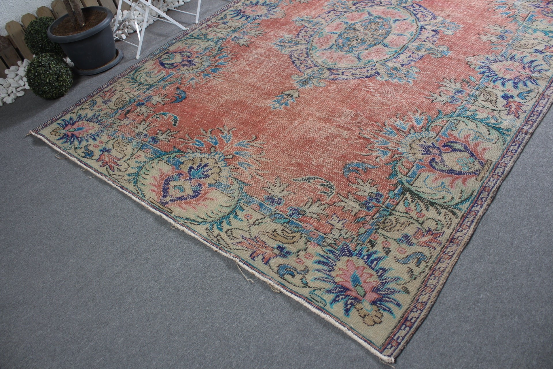 Vintage Rug, Orange Bedroom Rug, Dining Room Rug, Bedroom Rug, Turkish Rug, Salon Rug, 7.3x10.5 ft Oversize Rug, Natural Rugs, Oushak Rug