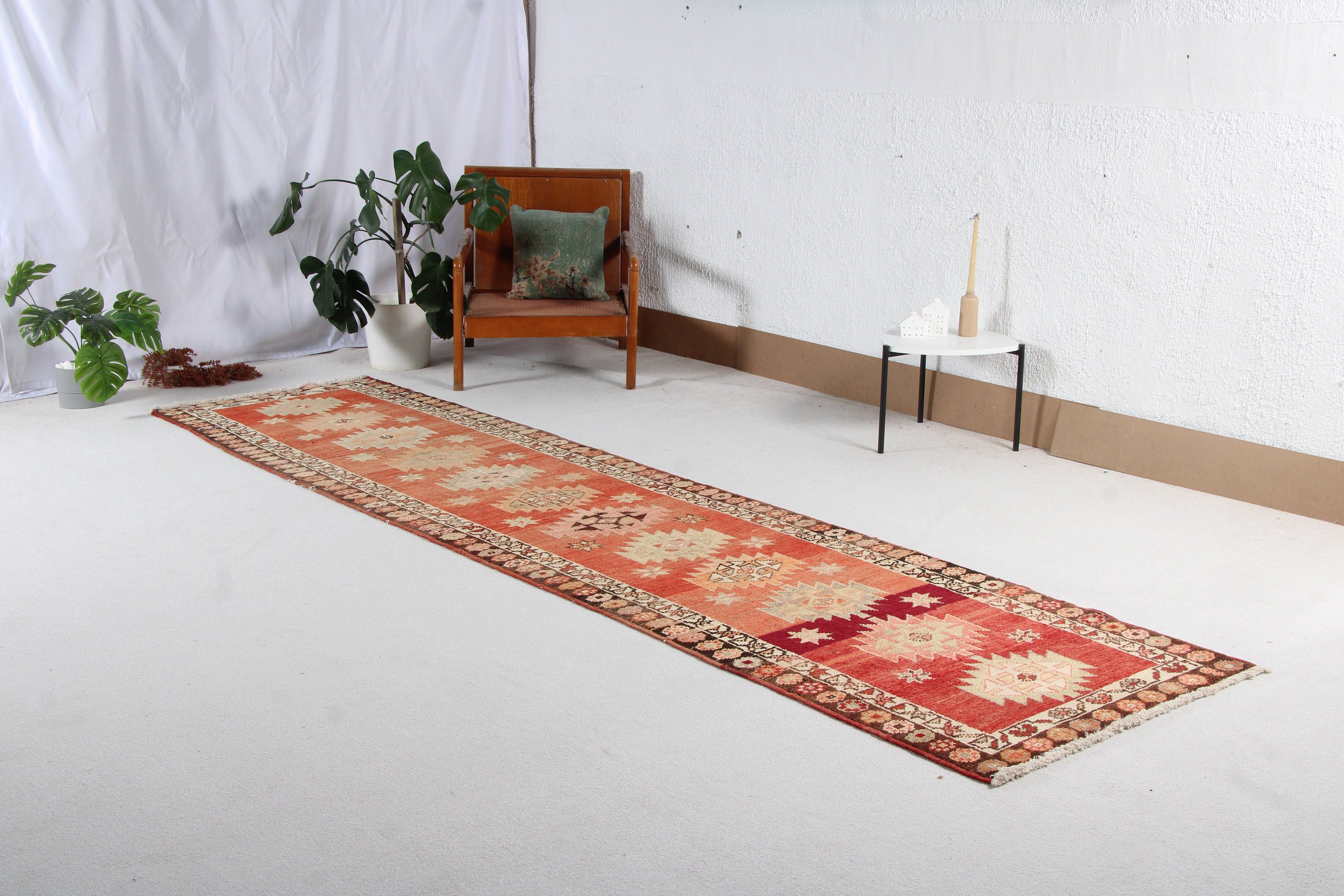 Vintage Rug, Beni Ourain Runner Rugs, Turkish Rugs, Moroccan Rug, Handwoven Rugs, Red Kitchen Rug, Corridor Rugs, 3x12.3 ft Runner Rugs