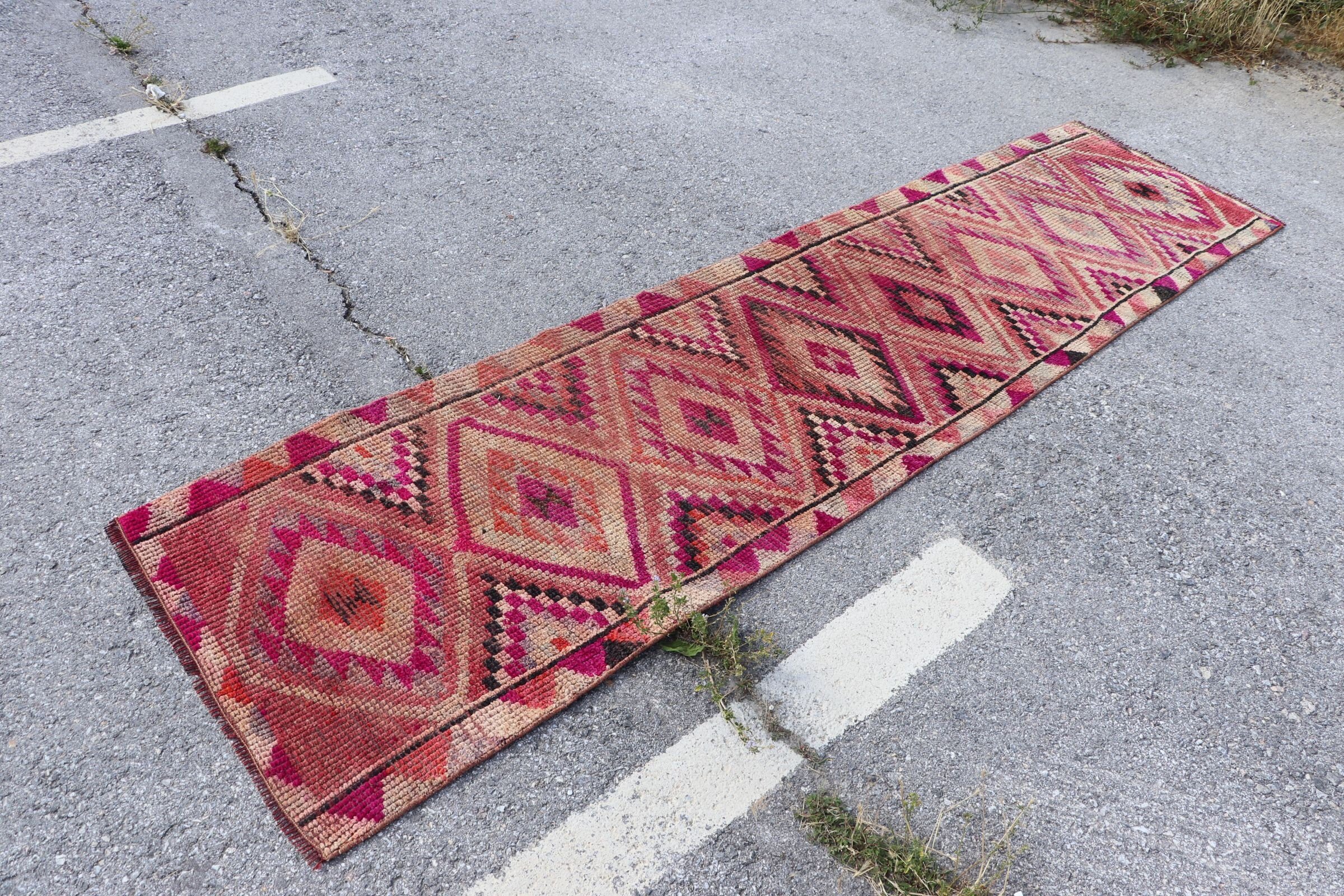 Turkish Rugs, Vintage Rug, Corridor Rugs, 2.6x10 ft Runner Rug, Old Rug, Rugs for Hallway, Pink Bedroom Rug, Home Decor Rug