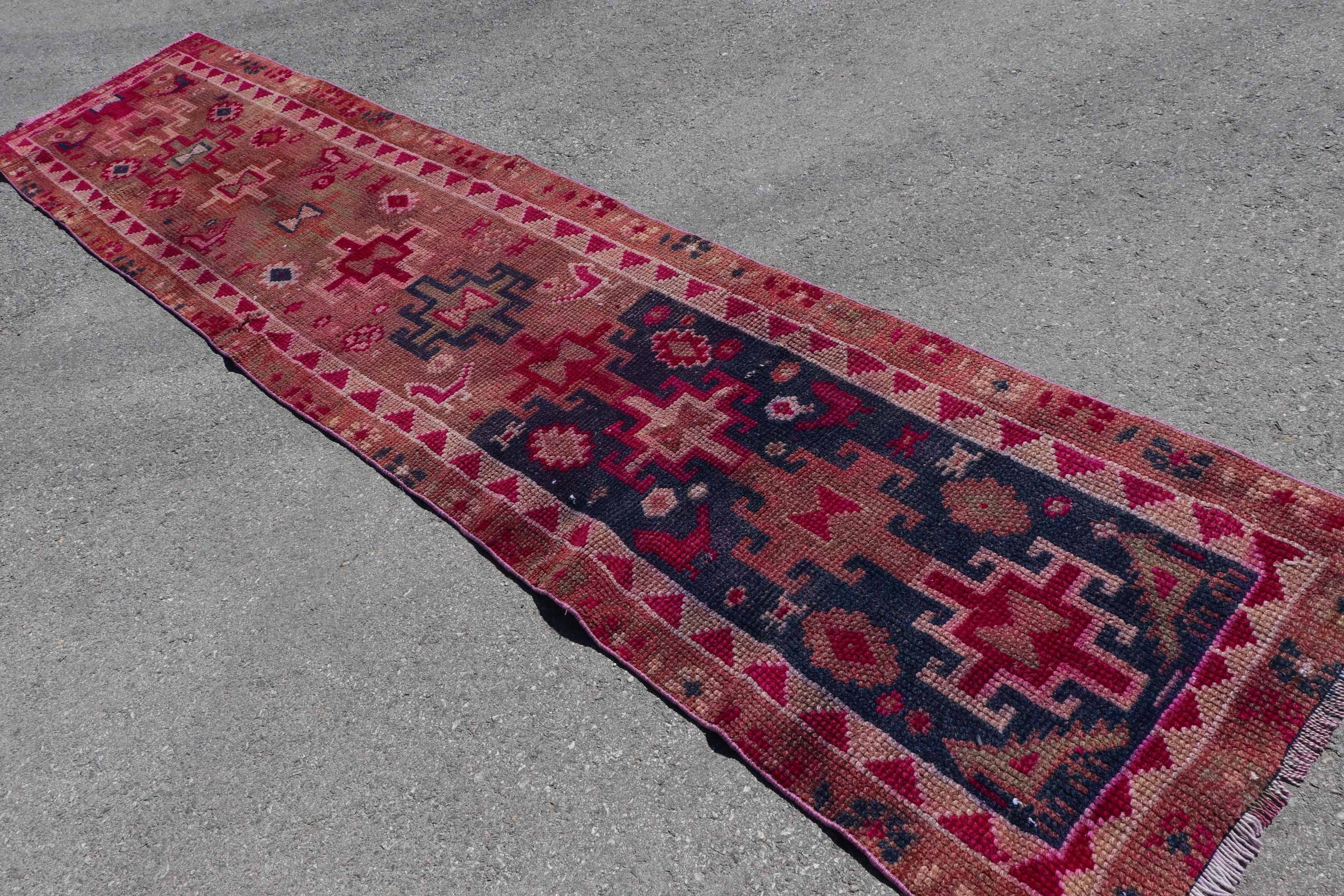 Wool Rug, Vintage Rug, 2.9x13.1 ft Runner Rug, Turkish Rugs, Pink Home Decor Rugs, Retro Rugs, Kitchen Rug, Rugs for Hallway, Corridor Rugs