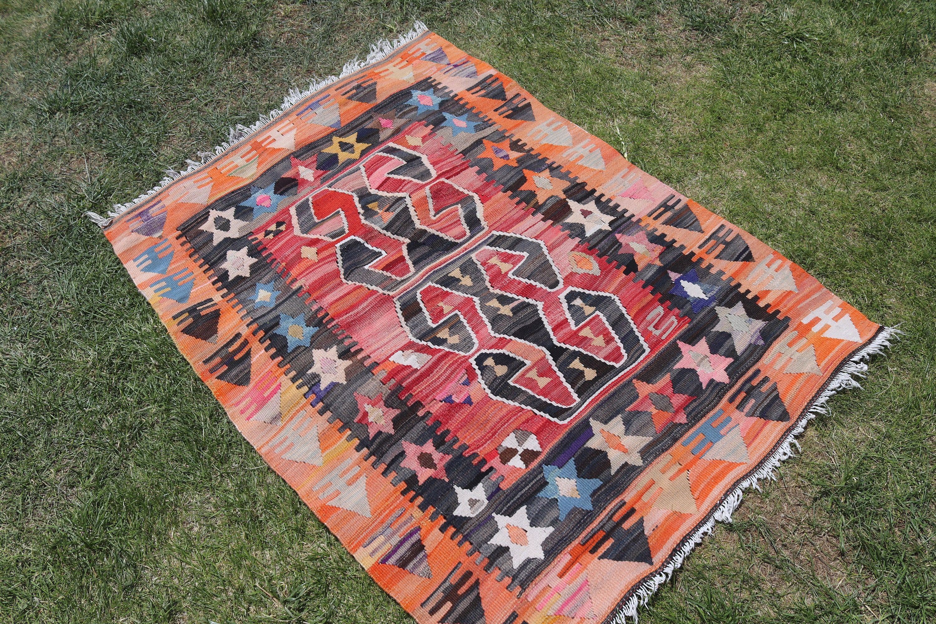 Yatak Odası Halıları, Turuncu 3.1x4.2 ft Küçük Halı, Modern Halı, Kilim, Küçük Boho Halı, Vintage Halı, Duvara Asılı Halı, Türk Halısı