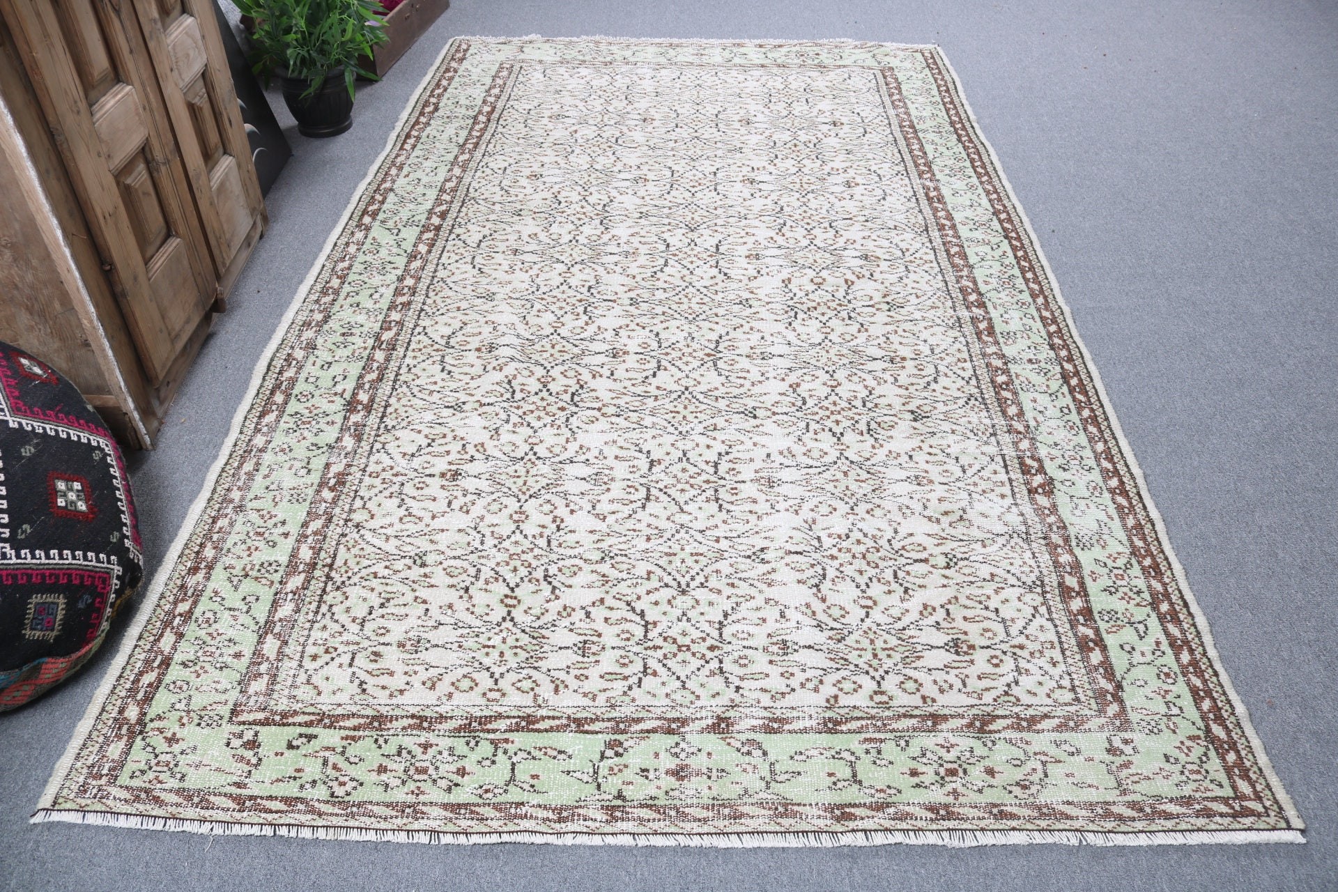 Yeşil Boho Halılar, Büyük Oushak Halılar, 5.7x9.6 ft Büyük Halılar, Türk Halıları, Oushak Halılar, El Dokuma Halı, Vintage Halılar, Büyük Boho Halılar