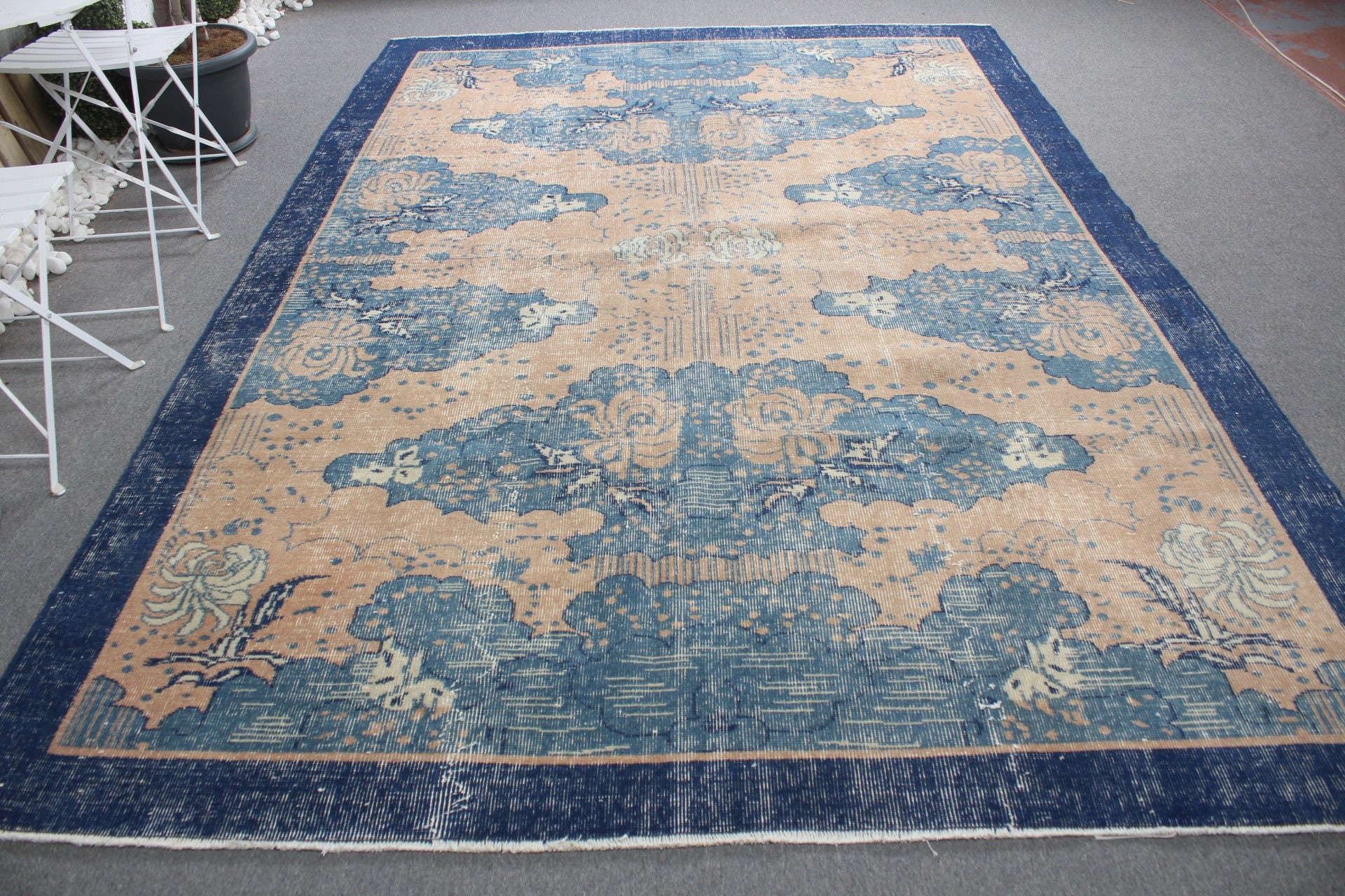 Kitchen Rug, Moroccan Rug, Living Room Rug, Rugs for Salon, Vintage Rug, Blue Moroccan Rug, Salon Rug, Turkish Rugs, 7.5x7.3 ft Large Rugs