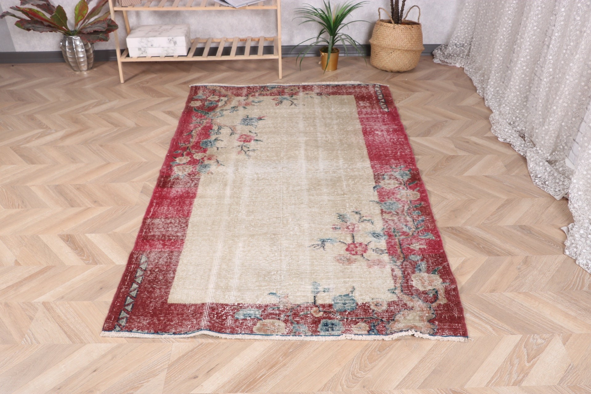 Turkish Rug, Wool Rug, Rugs for Living Room, Indoor Rugs, Vintage Rug, Floor Rug, 3.8x6.6 ft Area Rugs, Red Neutral Rug, Modern Rugs