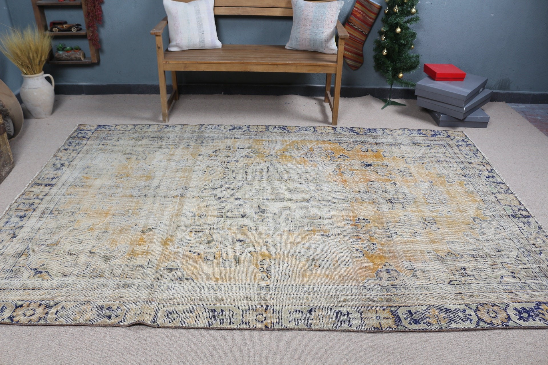 Vintage Halılar, 5.9x8.9 ft Büyük Halı, Turuncu Oushak Halı, Oturma Odası Halısı, Türk Halısı, Yemek Odası Halısı, Boho Halıları, Fas Halısı