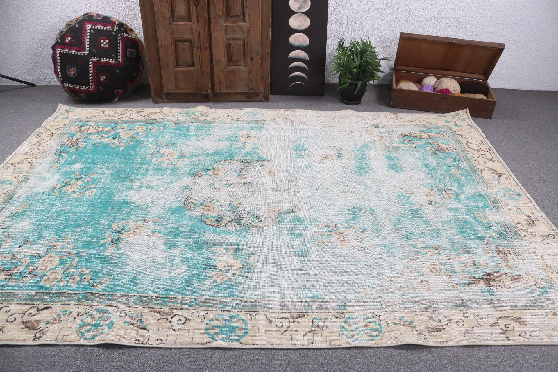 Bej Havalı Halılar, Büyük Boho Halı, Vintage Halılar, Oushak Halılar, Büyük Oushak Halı, 6,7x9,6 ft Büyük Halılar, Anadolu Halıları, Türk Halıları