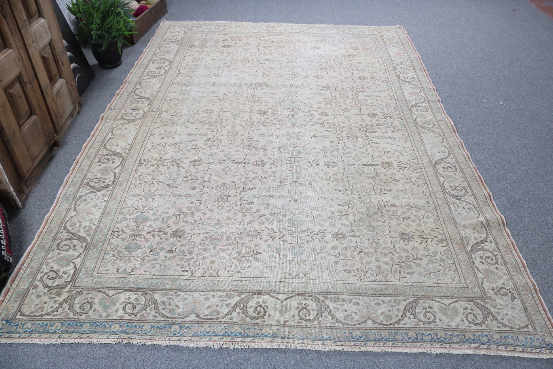 6.4x9.5 ft Büyük Halılar, Yeşil Fas Halıları, Yer Halısı, Oturma Odası Halısı, Türk Halıları, Vintage Halı, Büyük Oushak Halıları, Fas Halısı