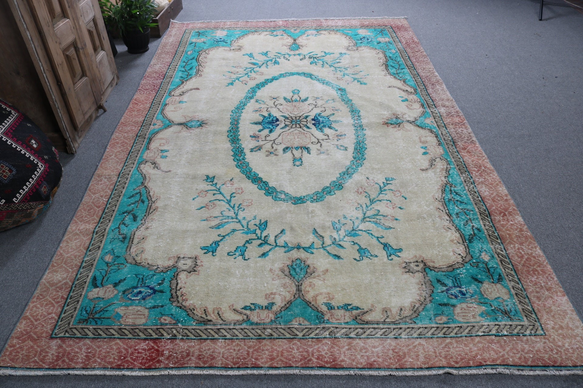 Büyük Vintage Halı, Modern Halılar, Vintage Halılar, Büyük Oushak Halıları, Türk Halısı, Bej Anadolu Halıları, Oryantal Halılar, 6,3x10,4 ft Büyük Halı