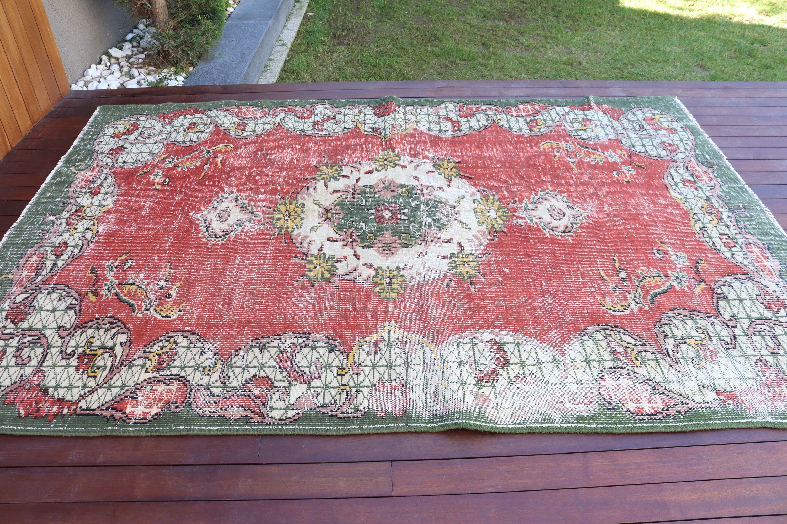 Türk Halıları, Ofis Halısı, Vintage Halı, Kırmızı 6x8.6 ft Büyük Halılar, Yemek Odası Halıları, Yer Halısı, Geometrik Halılar, Büyük Boho Halıları