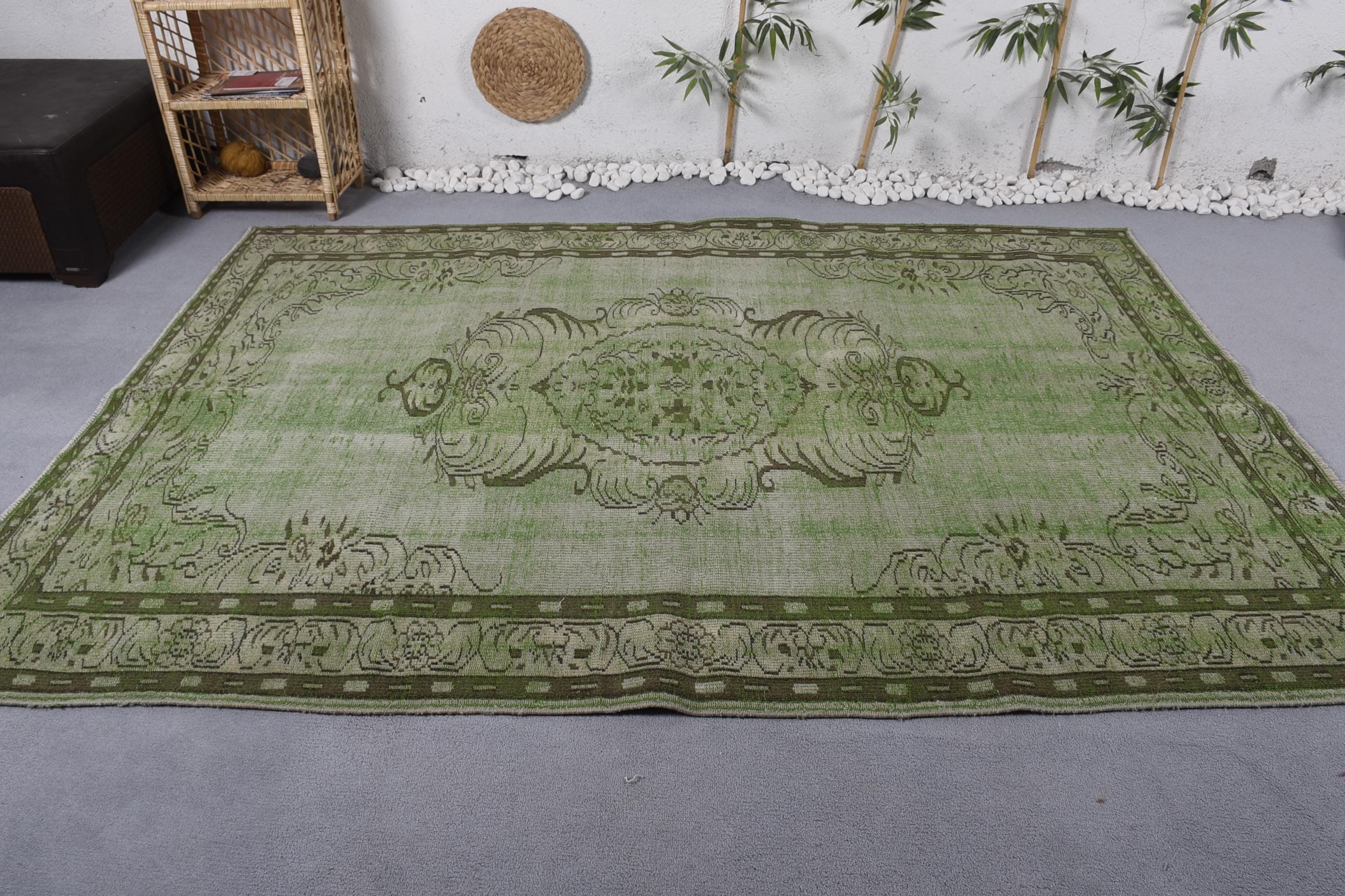 Mutfak Halısı, Türk Halısı, Vintage Halı, 6.3x8.9 ft Büyük Halı, Yatak Odası Halıları, Yatak Odası Halıları, Lüks Halılar, Yemek Odası Halısı, Yeşil Yün Halılar