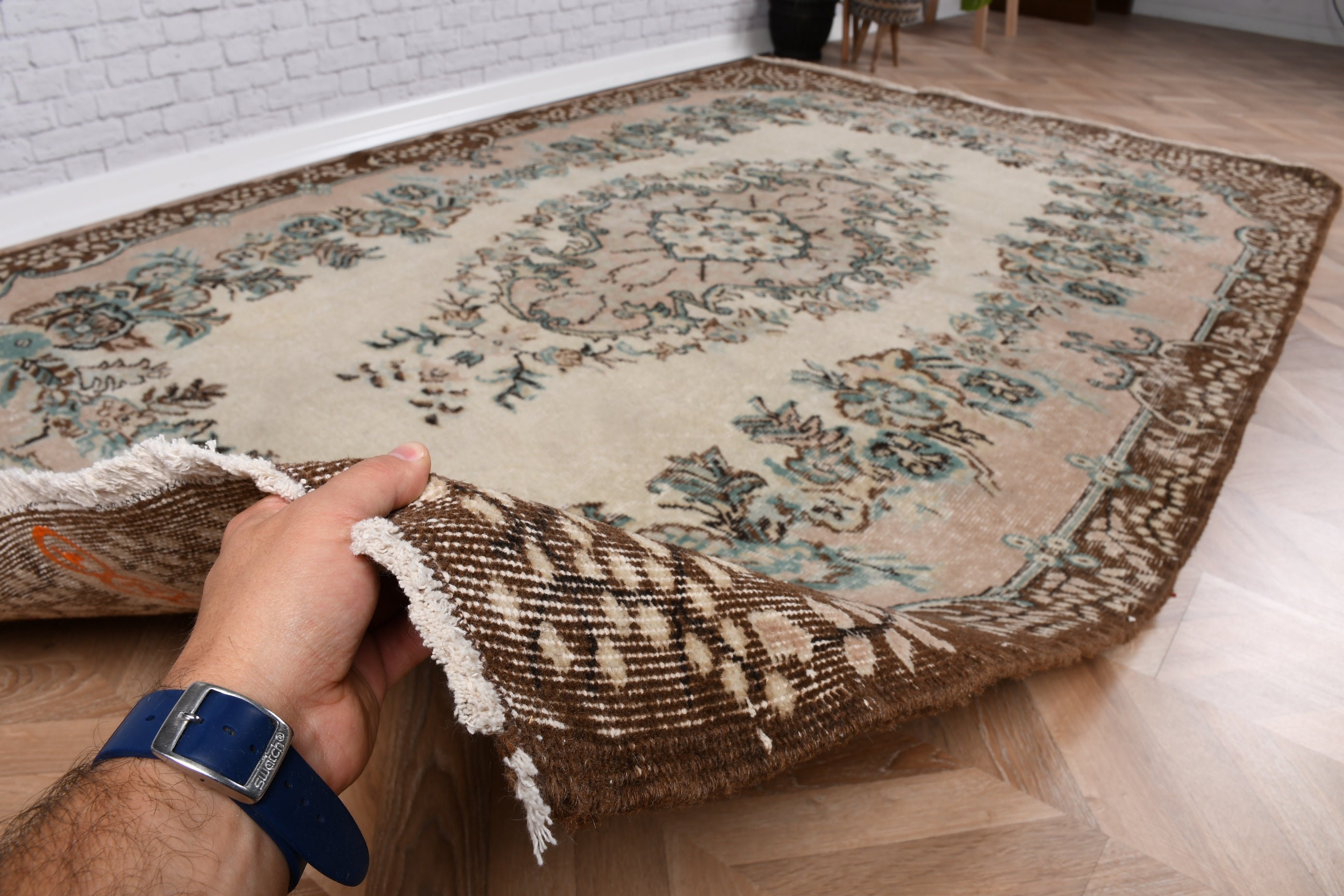 5.7x9.1 ft Büyük Halı, Bej Boho Halıları, El Dokuma Halısı, Ofis Halıları, Türk Halısı, Vintage Halı, Yer Halıları, Büyük Oushak Halıları, Yemek Odası Halısı