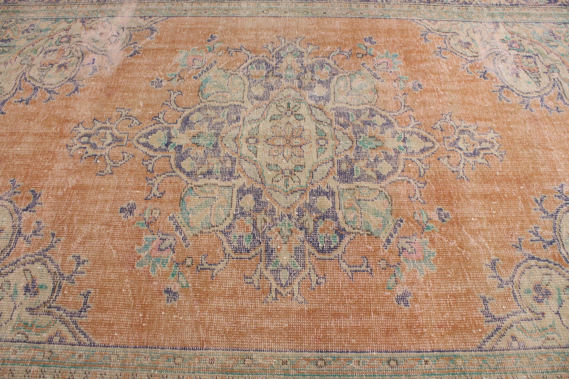 Oturma Odası Halısı, Turuncu 6.9x10.3 ft Büyük Boy Halılar, Yemek Odası Halısı, Vintage Halılar, Oushak Halısı, Ev Dekorasyonu Halısı, Türk Halıları