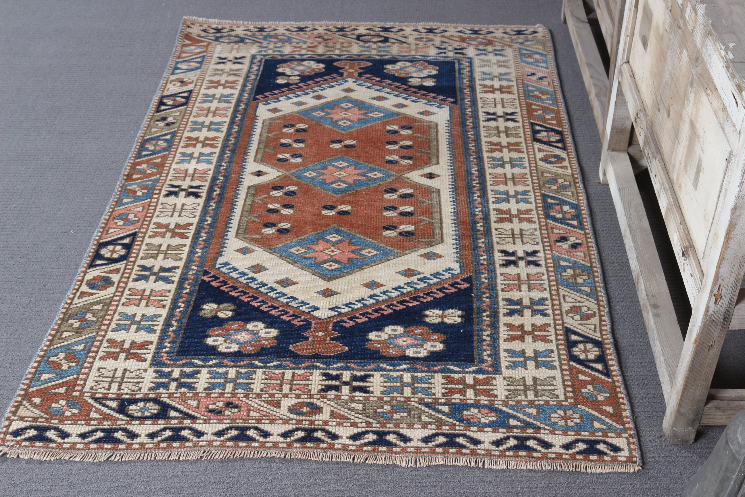 Abstract Rug, Turkish Rug, Vintage Rug, 3.4x5.1 ft Accent Rug, Bedroom Rug, Kitchen Rug, Home Decor Rug, Blue Cool Rug, Rugs for Kitchen