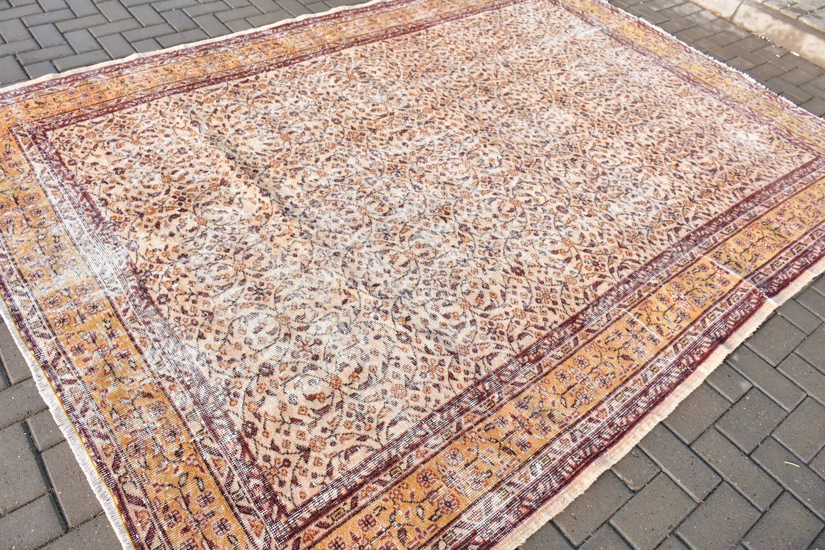 Old Rugs, Salon Rug, Turkish Rug, 7.3x9.8 ft Oversize Rugs, Saloon Rug, Yellow Kitchen Rug, Vintage Rug, Moroccan Rug