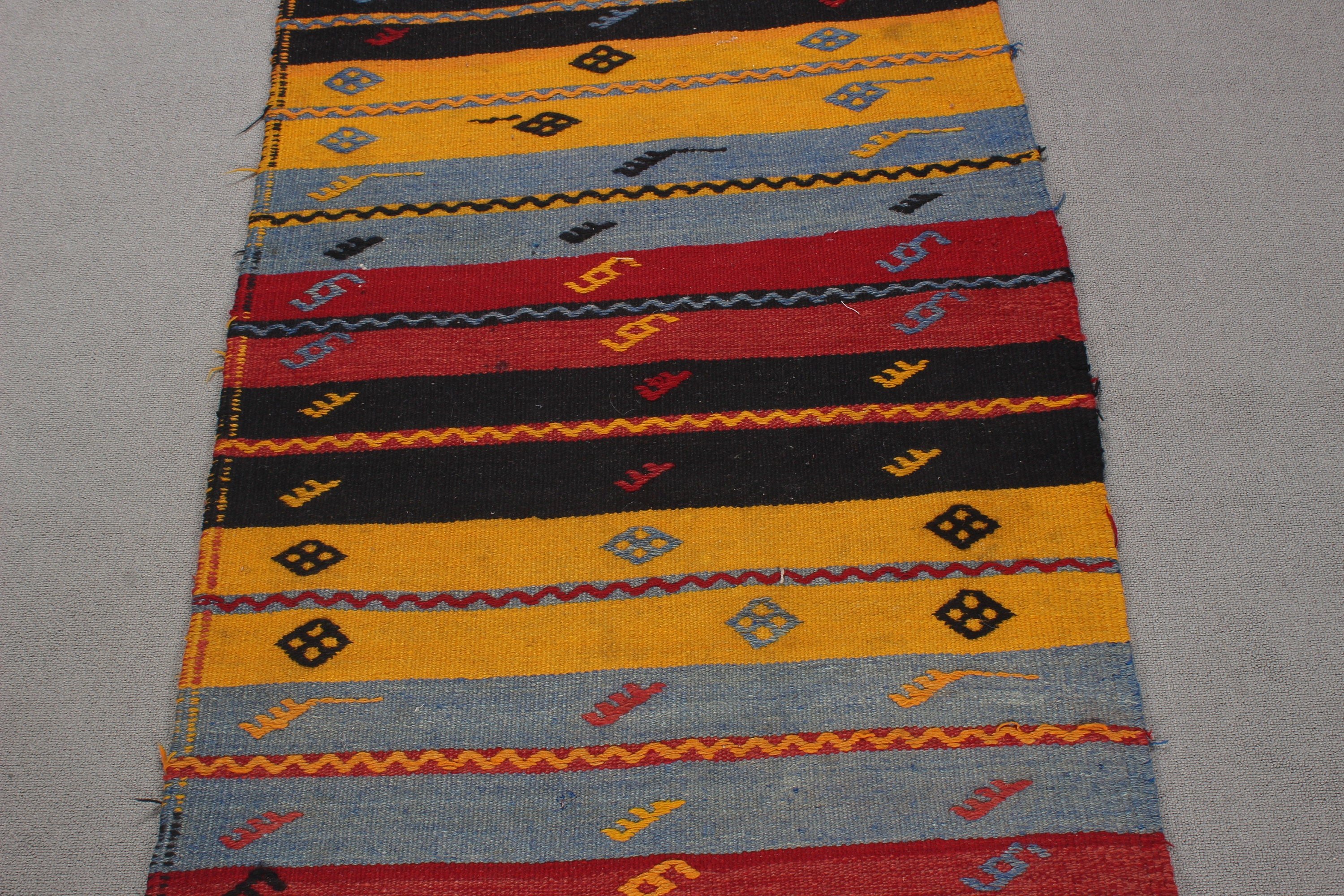 Türkiye Halıları, 2.9x11.4 ft Runner Halı, Vintage Halı, Uzun Yolluk Halıları, Mutfak Halısı, Geometrik Halı, Kilim, Türk Halıları, Sarı Boho Halı