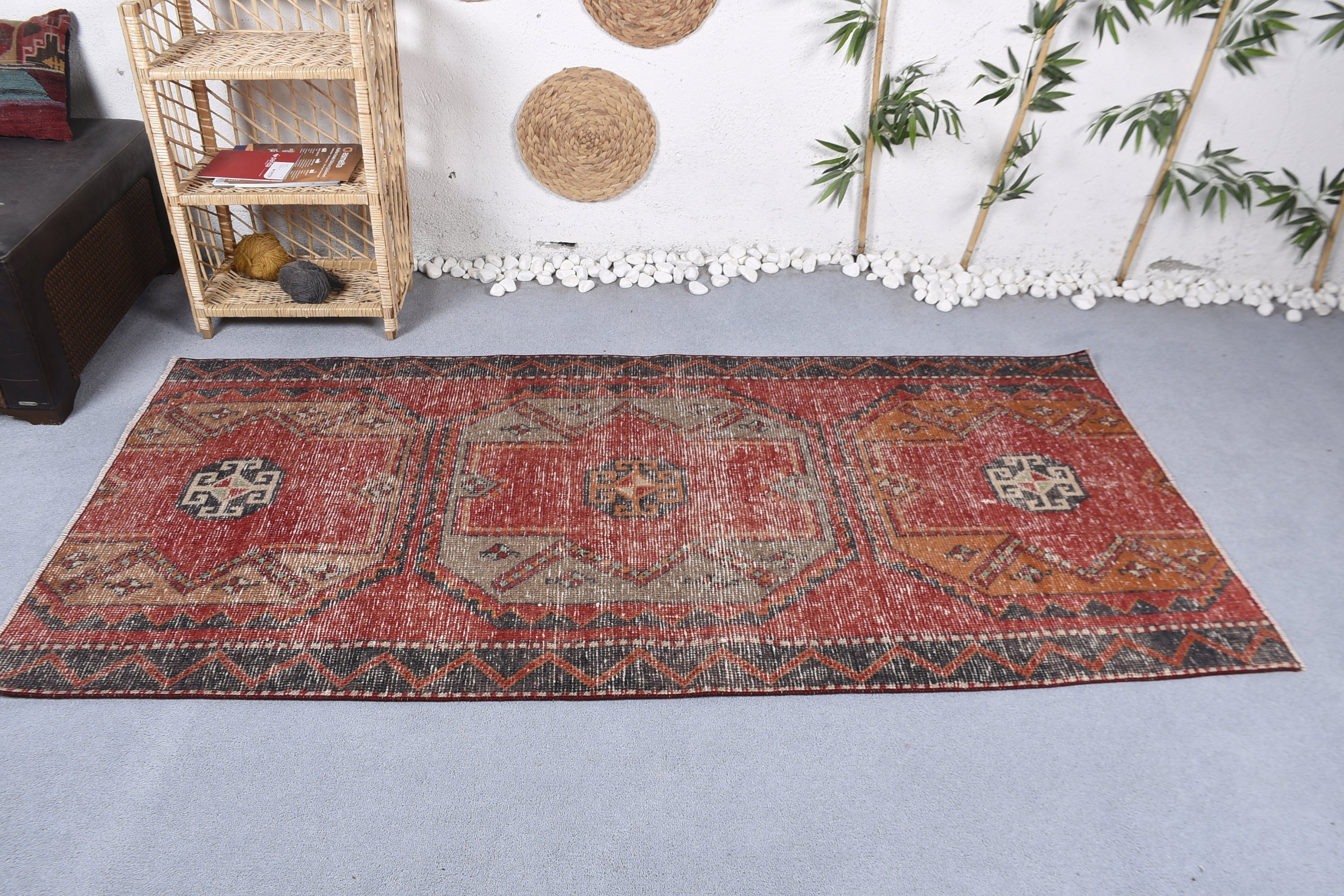 Floor Rug, Vintage Rug, Turkish Rugs, Bedroom Rug, Rugs for Kitchen, Vintage Decor Rugs, Red Floor Rug, 3.5x7.4 ft Area Rug