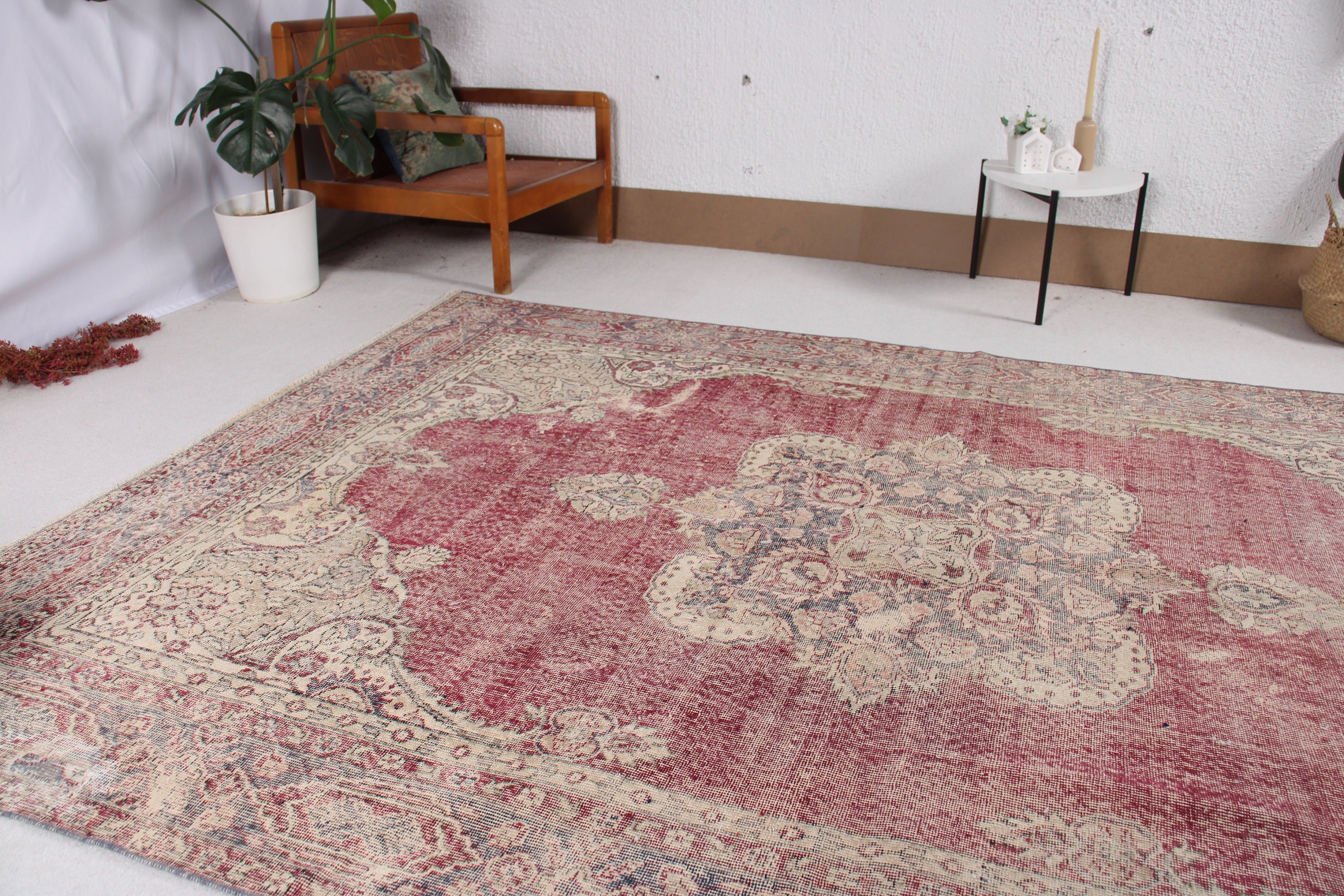 Ev Dekorasyonu Halıları, 6.5x9.5 ft Büyük Halı, Türk Halıları, Kırmızı El Dokuma Halılar, Vintage Halılar, Büyük Oushak Halıları, Oturma Odası Halısı