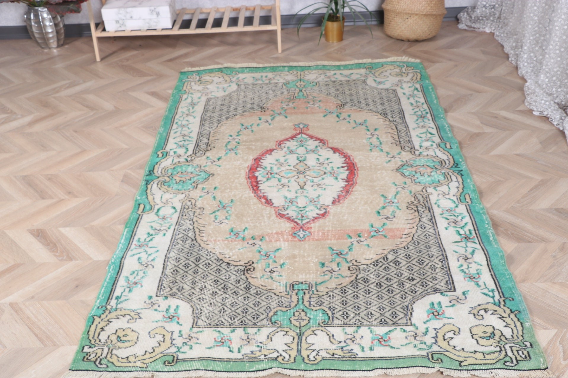 Floor Rug, Vintage Rug, Green Statement Rug, Organic Rugs, Geometric Rugs, Antique Rugs, 4.1x6.8 ft Area Rugs, Rugs for Floor, Turkish Rugs