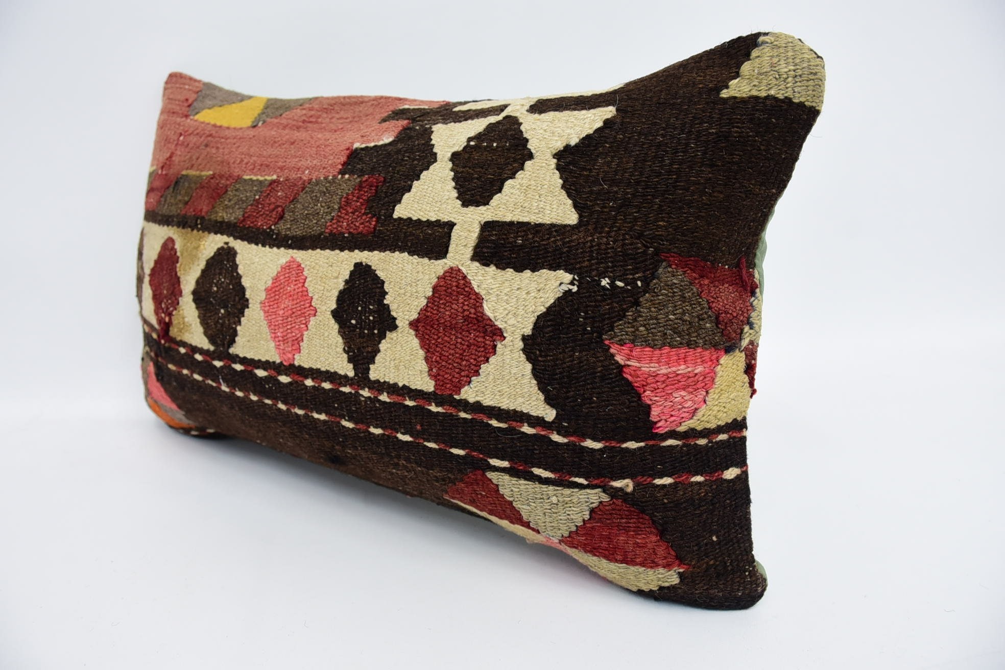 Home Decor Pillow, Kilim Pillow, Office Chair Pillow Case, Crochet Pattern Cushion, Handmade Kilim Cushion, 12"x20" Brown Cushion Case