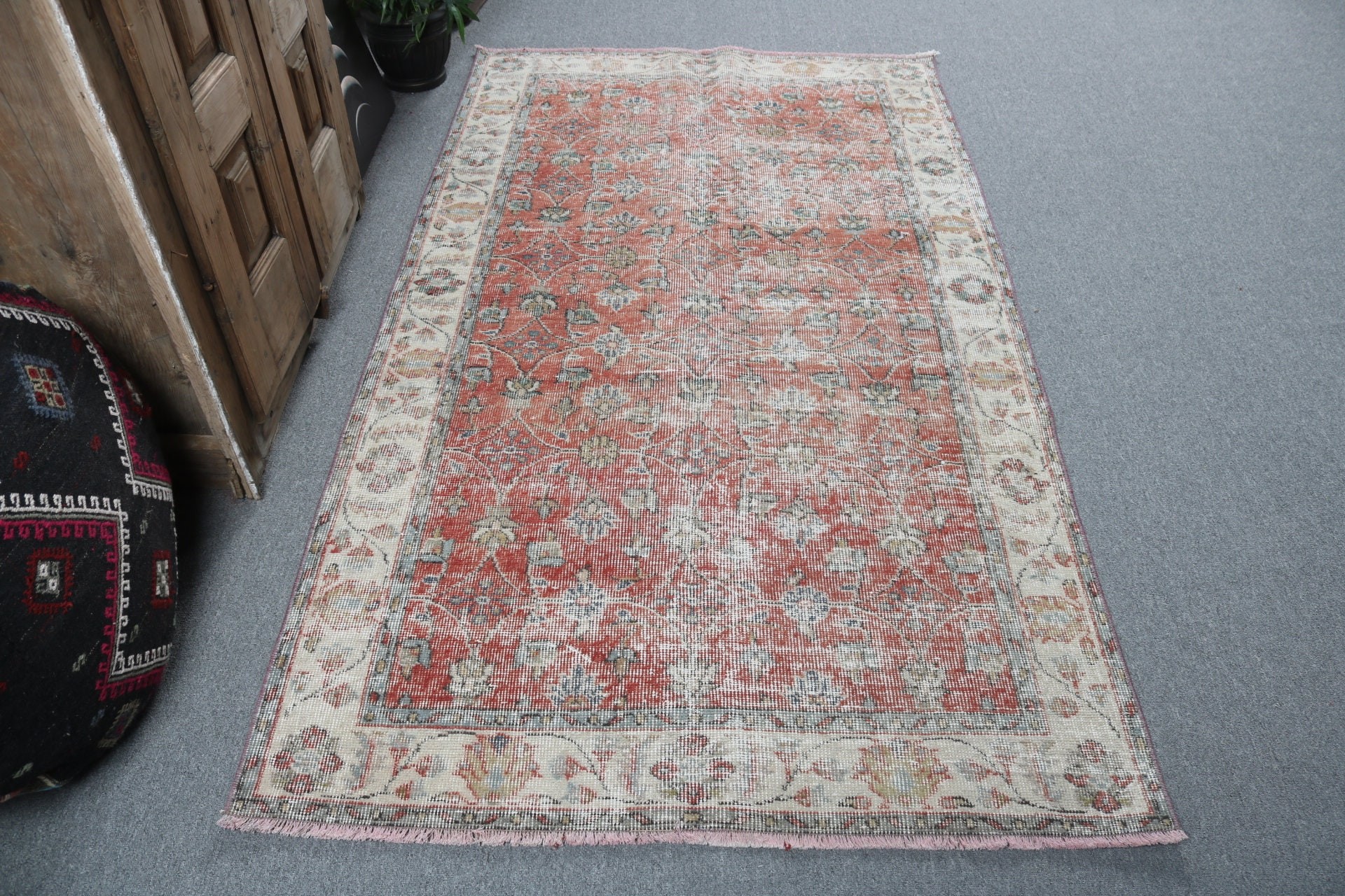 Turkish Rug, Neutral Rug, Rugs for Nursery, Modern Rugs, Oushak Area Rug, Red Neutral Rugs, Ethnic Rug, 3.9x7 ft Area Rug, Vintage Rug