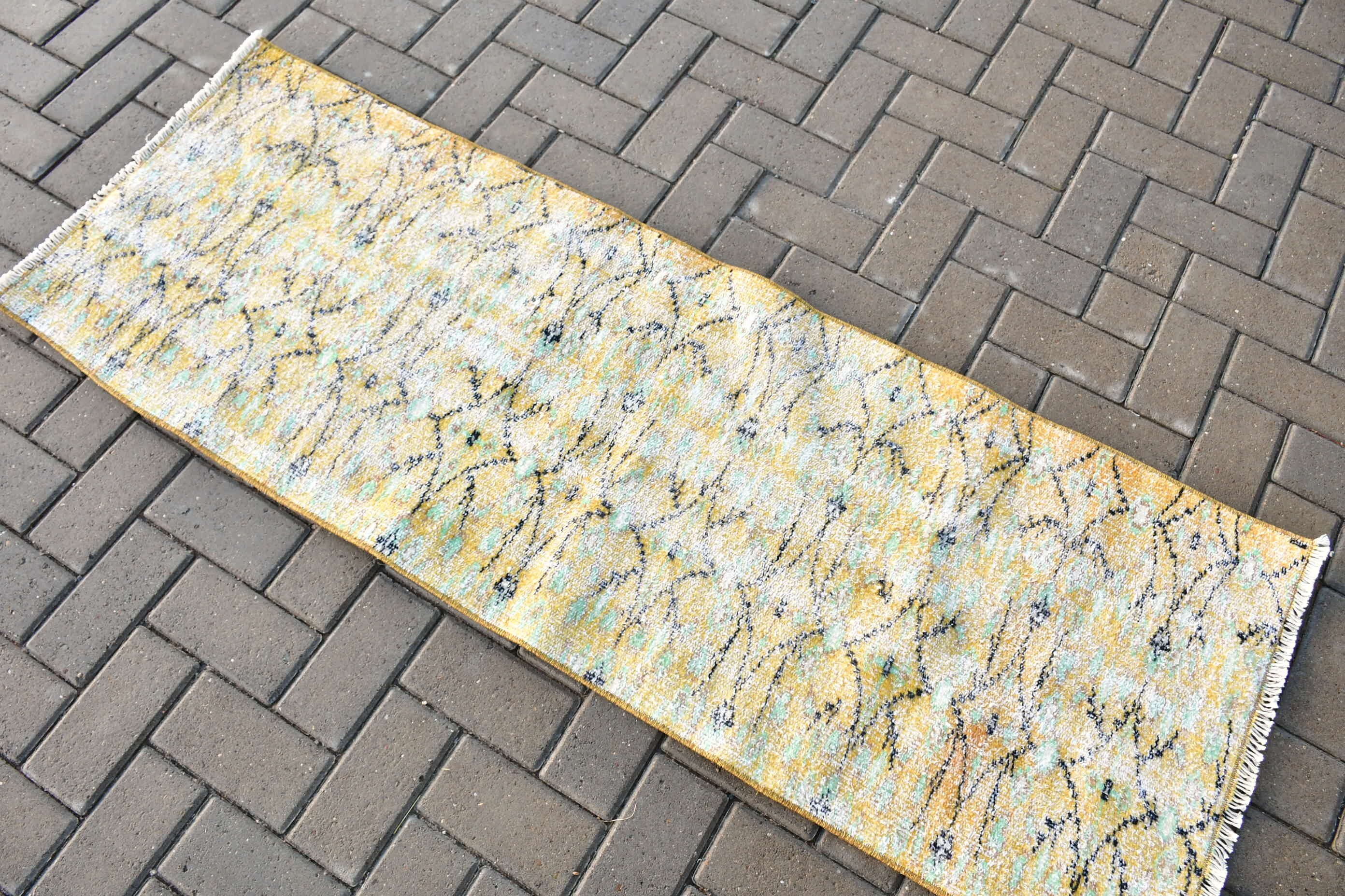 Bright Rugs, 2x5.5 ft Runner Rug, Cool Rug, Vintage Rug, Moroccan Rug, Corridor Rugs, Yellow Oushak Rug, Rugs for Runner, Turkish Rug