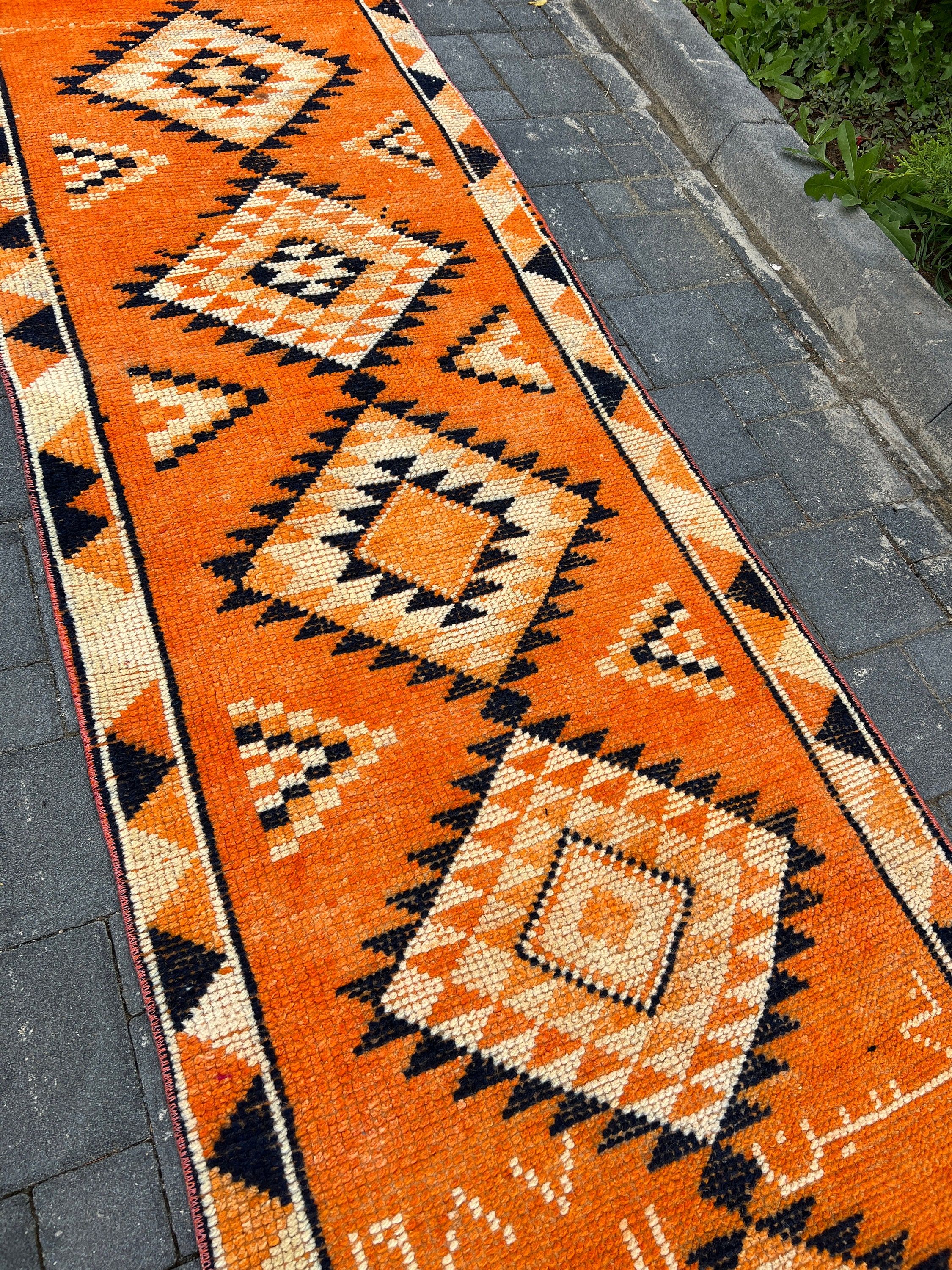 Authentic Rug, 2.9x12.4 ft Runner Rug, Vintage Rug, Turkish Rugs, Kitchen Rugs, Rugs for Kitchen, Home Decor Rugs, Orange Kitchen Rug
