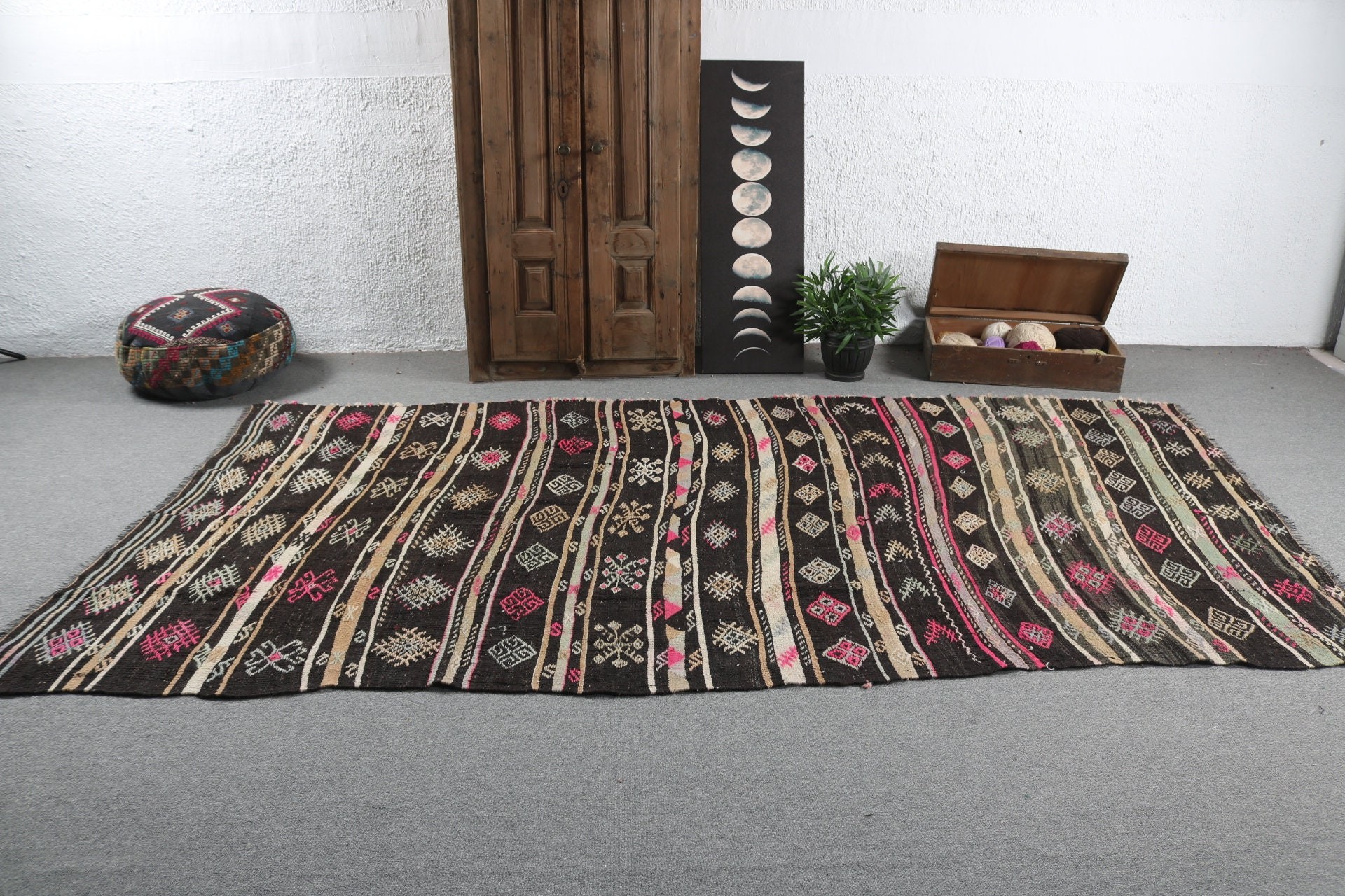 Nötr Halı, Türk Halısı, Kilim, 5,9x10,9 ft Büyük Halı, Büyük Boho Halıları, Vintage Halı, Mutfak Halıları, Büyük Oushak Halıları, Siyah Yün Halı