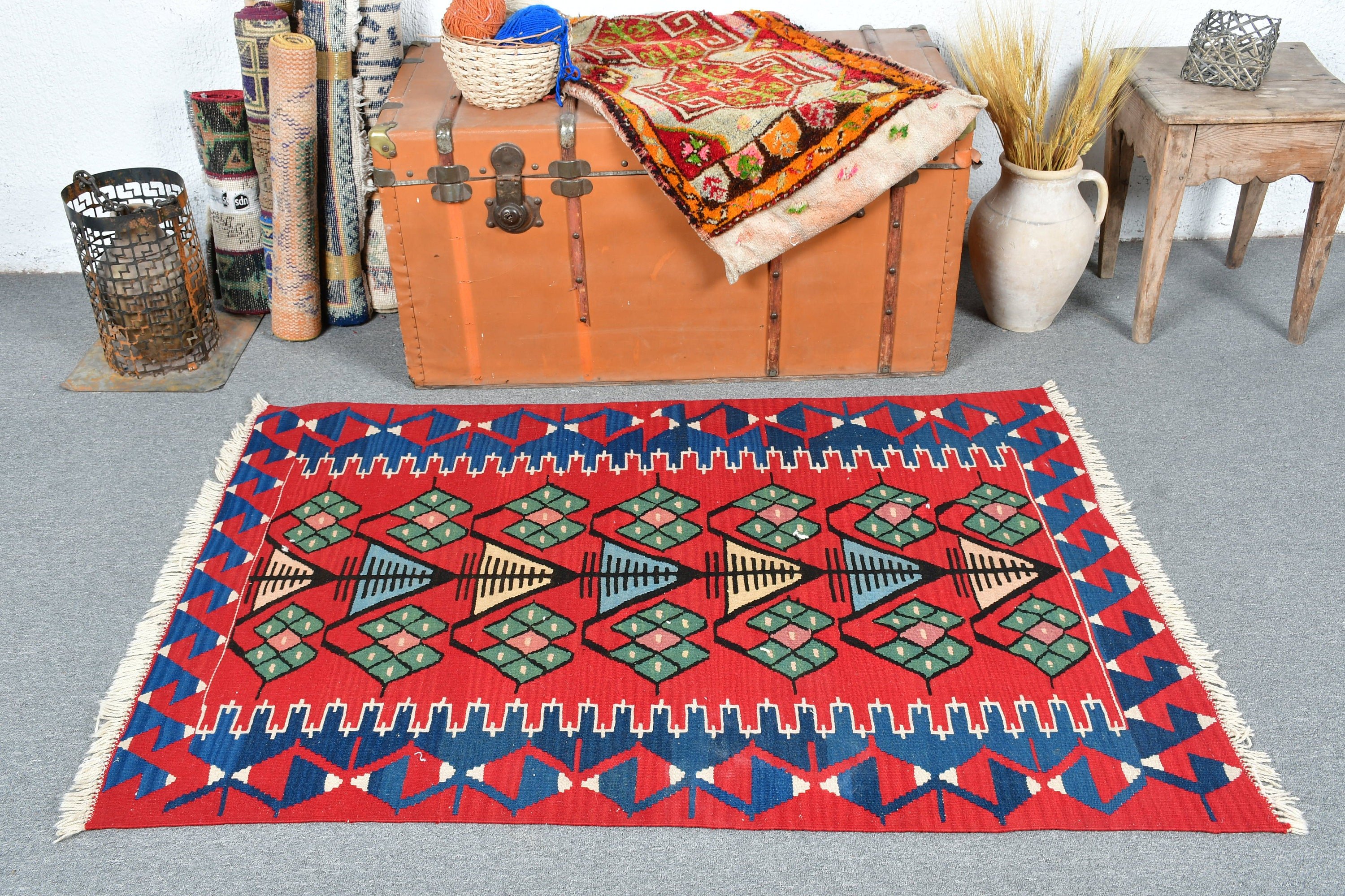 Vintage Rug, Car Mat Rug, Home Decor Rug, Eclectic Rugs, 3.2x4.6 ft Small Rug, Turkish Rug, Red Cool Rugs, Floor Rug, Bathroom Rugs, Kilim