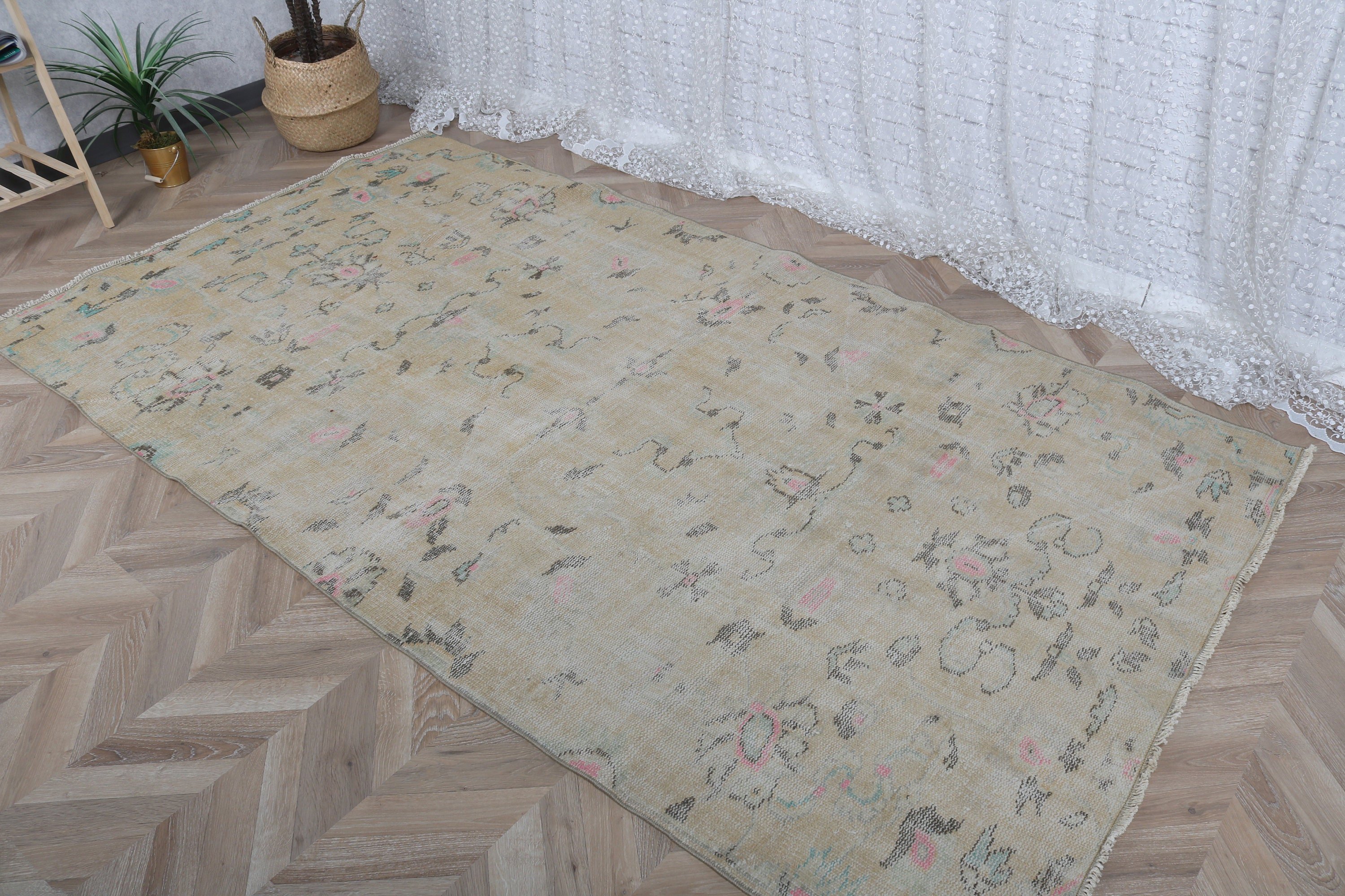 Rugs for Indoor, Organic Rug, 4.7x8.4 ft Area Rugs, Turkish Rug, Floor Rug, Vintage Rug, Oriental Rug, Oushak Area Rugs, Yellow Neutral Rug