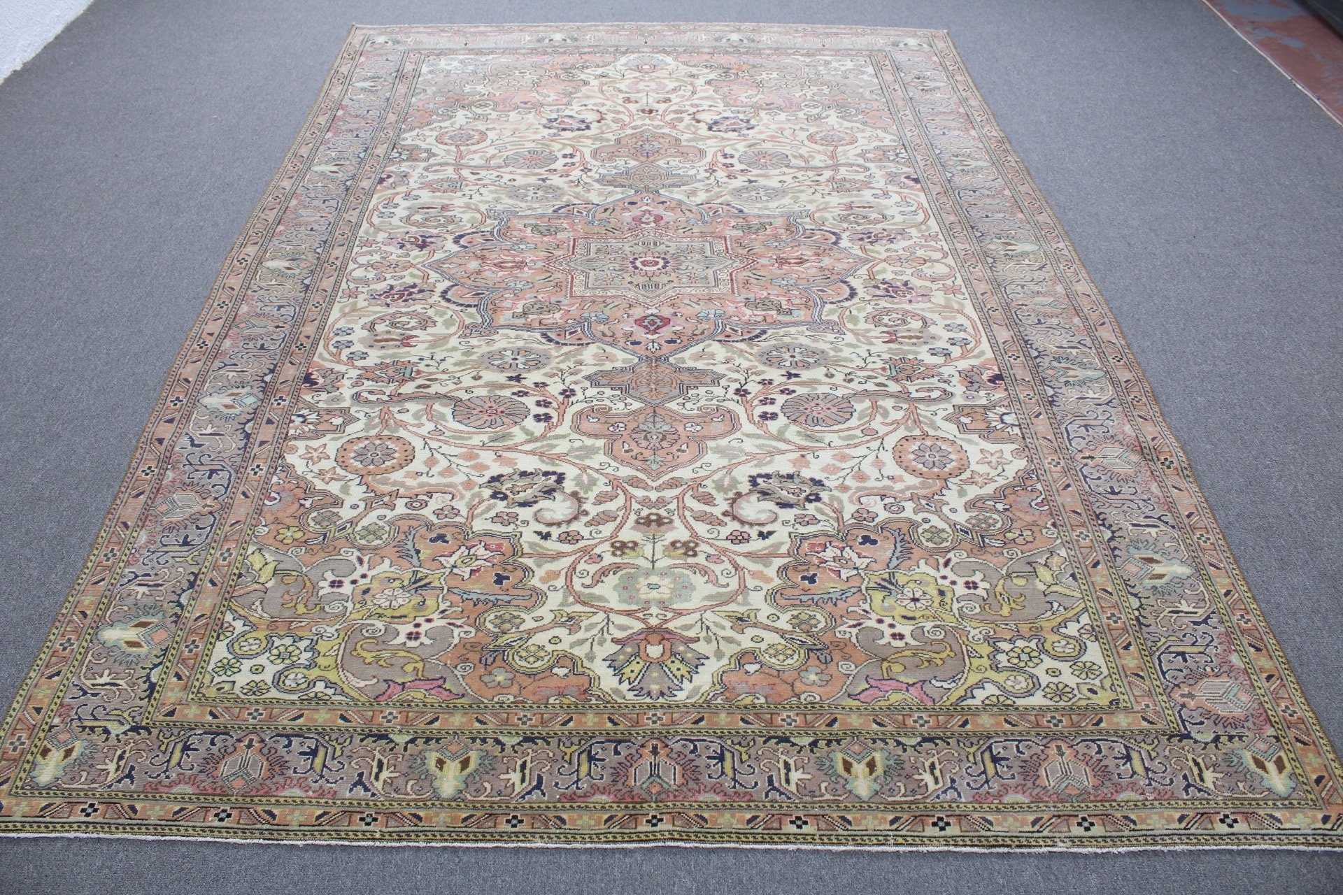 Bej Yer Halısı, Yün Halı, Vintage Halılar, Yemek Odası Halısı, Antika Halılar, 6.3x9.5 ft Büyük Halılar, Oturma Odası Halısı, Eskitme Halısı, Türk Halısı