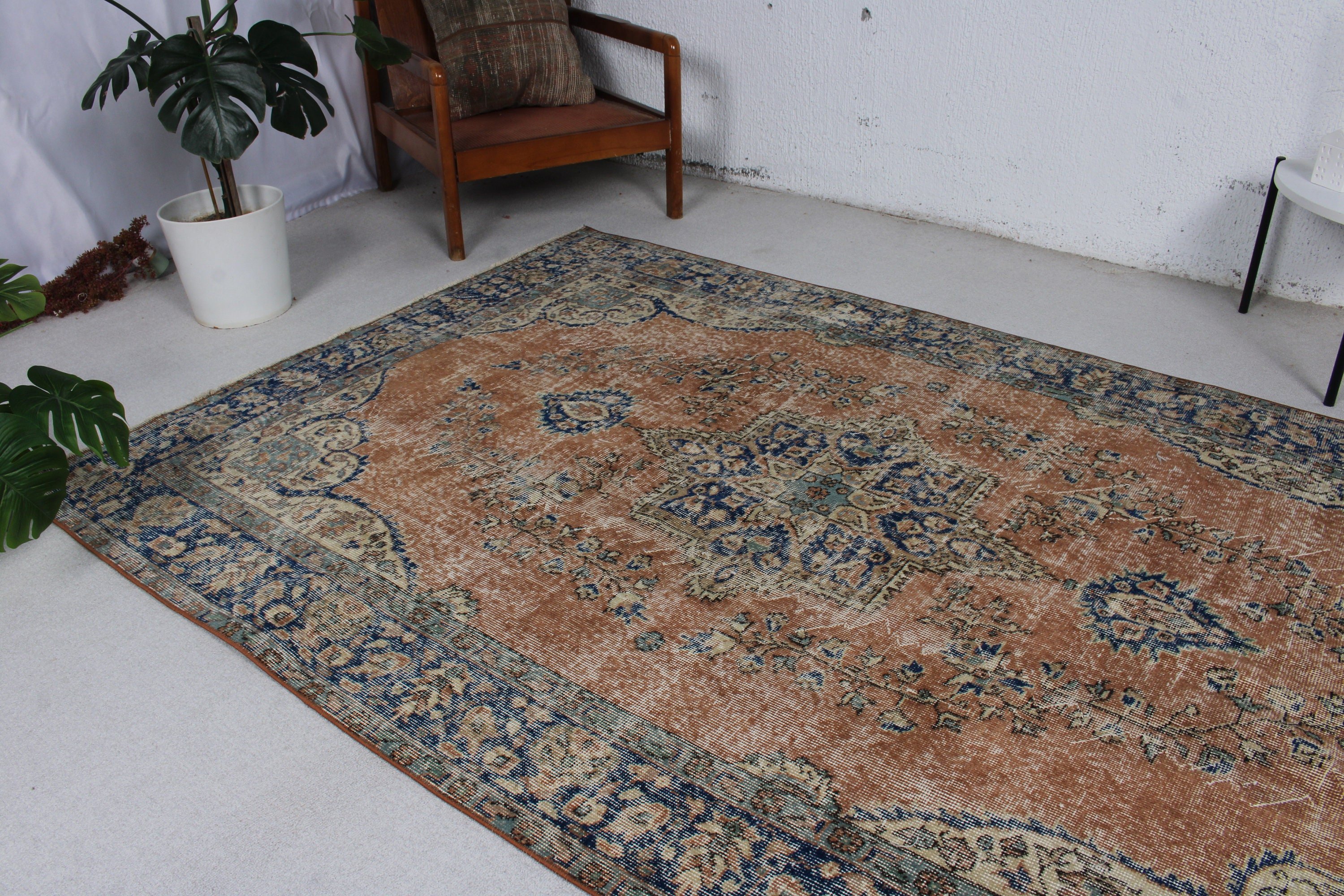 Oturma Odası Halısı, 5.2x8.4 ft Büyük Halı, Büyük Oushak Halıları, Vintage Halı, Boho Halısı, Mavi Fas Halıları, Türk Halısı, Oushak Halıları, Lüks Halı