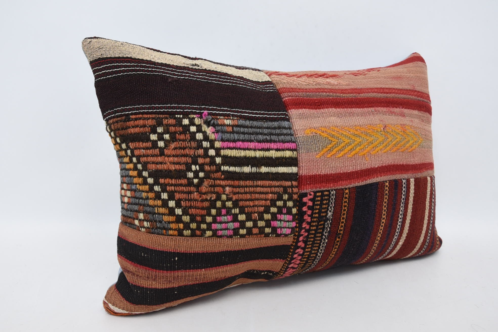 Ethnical Kilim Rug Pillow, Turkish Bench Pillow, Turkish Pillow, 16"x24" Brown Cushion Cover, Vintage Cushion, Kilim Pillow Cover