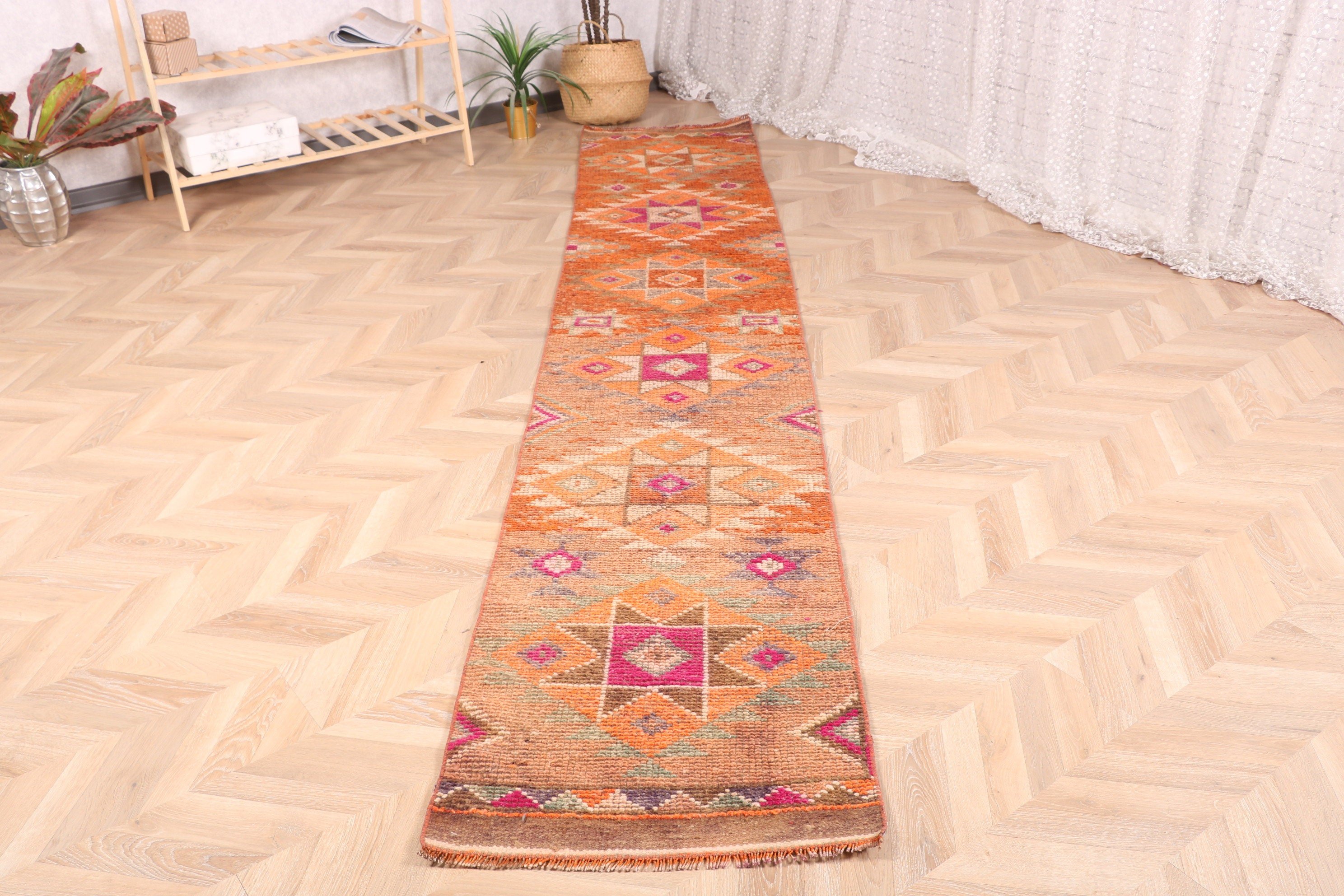 Oushak Rugs, 2x11.2 ft Runner Rug, Turkish Rugs, Exotic Rug, Oriental Rugs, Rugs for Runner, Vintage Rugs, Kitchen Rugs, Orange Wool Rugs