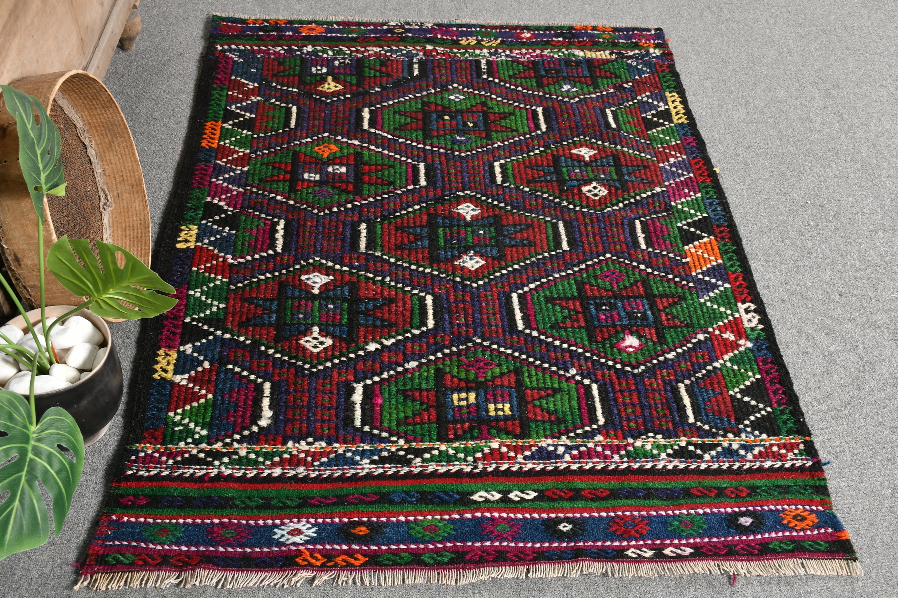 Kilim, Kitchen Rug, Entry Rugs, Oushak Rug, Turkish Rugs, Cool Rug, Ethnic Rug, Green  3.4x4.8 ft Accent Rug, Vintage Rug