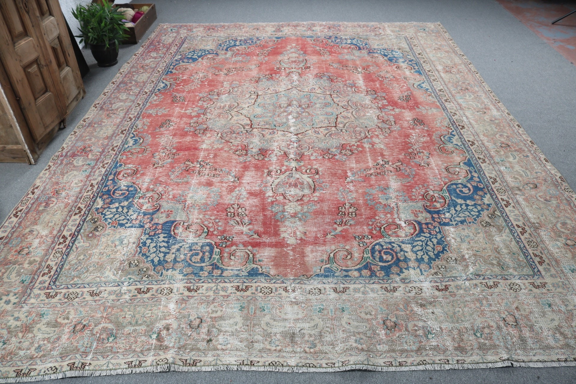 9.1x11.5 ft Büyük Boy Halılar, Büyük Boy Türk Halıları, Türk Halıları, El Dokuma Halıları, Dış Mekan Halısı, Düz Dokuma Halı, Vintage Halı, Kırmızı Antika Halılar