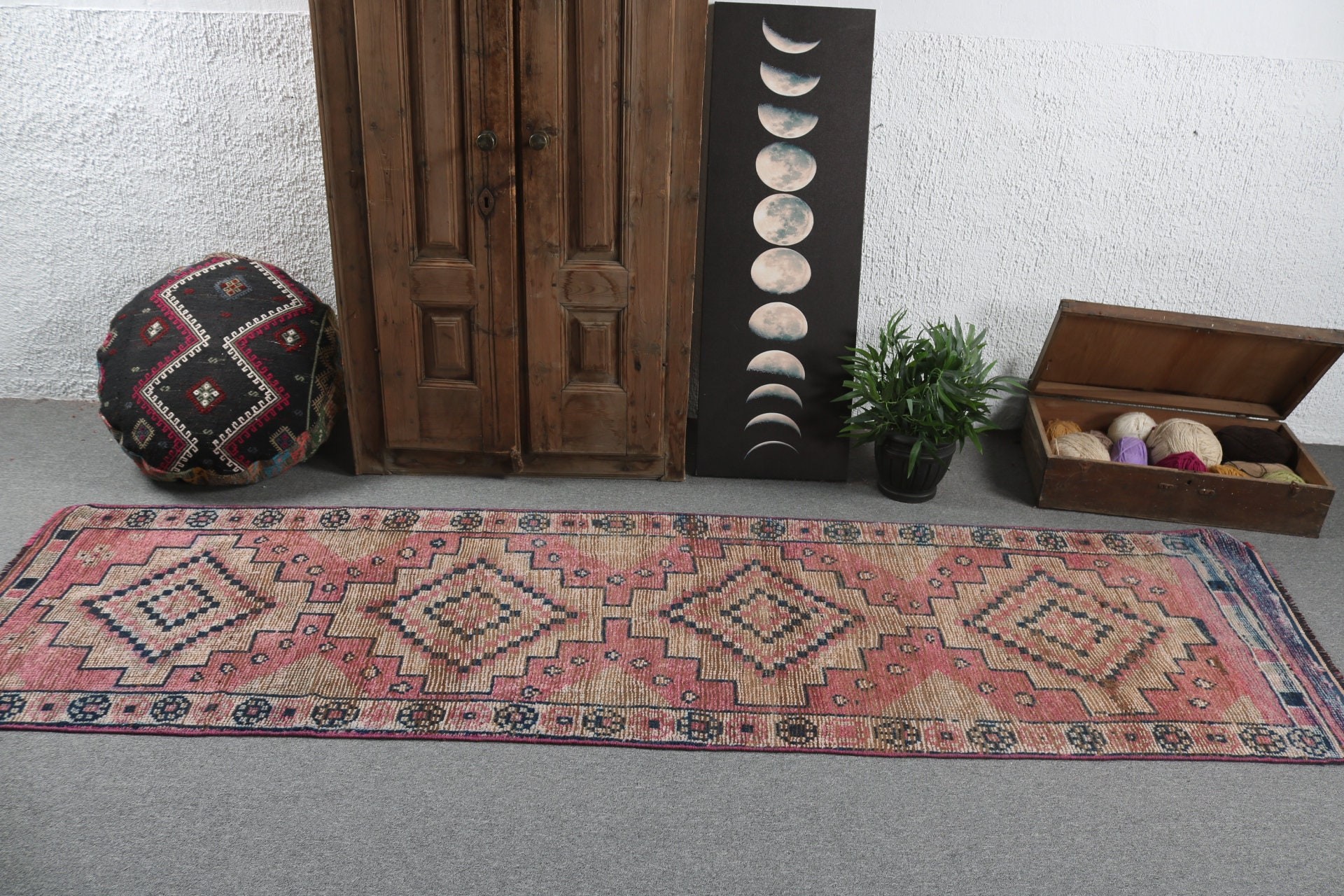 Mutfak Halıları, Boho Halıları, Vintage Halı, El Dokuma Halı, Türk Halıları, Türkiye Halısı, Pembe 2.7x9.5 ft Runner Halıları, Koridor Halıları